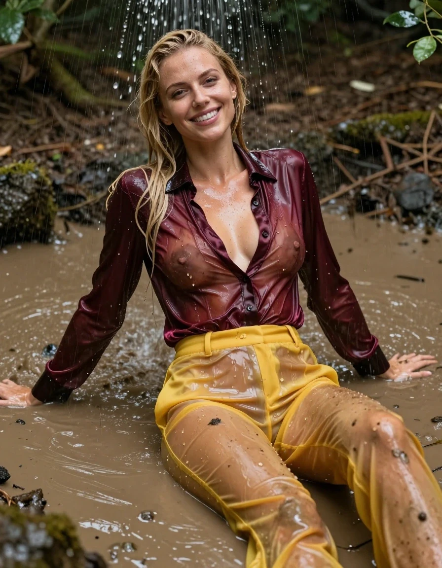 photo of young woman, in soaking wet, drenched clothes,
, see-throuhg, yellow long silk office trousers, dripping wet, shiny, tranparent, see-through, bordeaux slim silk satin long blouse,collar-up, complete buttoned-up, long sleeves, completely soaked, translucent, clinging to her body and clearly revealing her breasts and nipples underneath, with no bra worn, shower, arms stretched out to the side, lying in a hip-deep muddy puddle in the muddy water in the woods, 
enjoying, wet clothes stuck to body,
detailed textures of the wet clothes, wet face, wet plastered hair,
wet, drenched, professional, high-quality details, full body view.
sharp focus, ultra-high pixel detail, realistic, high-quality, full colors, incredibly detailed, 4k, 8k, 16k, hyper-realistic, RAW photo, masterpiece, ultra-detailed, professionally color graded, professional photograph, blond, very long hair, smiling, looking to the camera, muddy clothes, heavy rain, completely soaked, drenched, dripping wet, wet skin, wet hair, muddy hair, wet clothes, damp fabric, wet skin, damp fabric, wet clothes, wet skin, wet clothes, damp fabric
