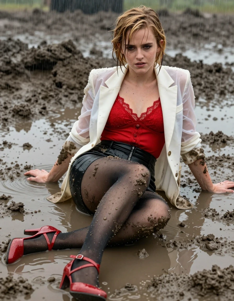 photo of young woman, in soaking wet, drenched clothes,
Red strappy heels , Muddy black stockings, muddy black miniskirt, Red lace camisole, muddy see-through white blazer, Lying Submerged in deep mud, heavy rain, 
enjoying, wet clothes stuck to body,
detailed textures of the wet clothes, wet face, wet plastered hair,
wet, drenched, professional, high-quality details, full body view.
sharp focus, ultra-high pixel detail, realistic, high-quality, full colors, incredibly detailed, 4k, 8k, 16k, hyper-realistic, RAW photo, masterpiece, ultra-detailed, professionally color graded, professional photograph, Blonde, Emma Watson, arms down, wet skin, wet clothes, damp fabric, wet skin, wet clothes, damp fabric