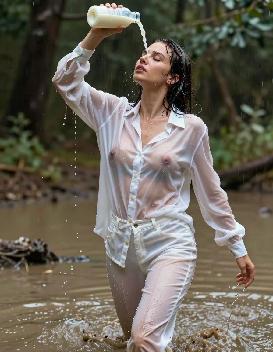 photo of young woman, in soaking wet, drenched clothes,
, white long oversized silk jeans, dripping wet, shiny, transparent, tranparent, see-through, oversized silk satin long white blouse,collar-up, complete buttoned-up, long sleeves, completely soaked, translucent, clinging to her body and clearly revealing her breasts and nipples underneath, with no bra worn, running in a hip-deep muddy puddle in the muddy water in the woods, pouring a bottle of milk over her head, 
enjoying, wet clothes stuck to body,
detailed textures of the wet clothes, wet face, wet plastered hair,
wet, drenched, professional, high-quality details, full body view.
sharp focus, ultra-high pixel detail, realistic, high-quality, full colors, incredibly detailed, 4k, 8k, 16k, hyper-realistic, RAW photo, masterpiece, ultra-detailed, professionally color graded, professional photograph, muddy clothes, heavy rain, completely soaked, drenched, dripping wet, wet skin, wet clothes, damp fabric, wet skin, damp fabric, wet clothes, wet skin, wet clothes, damp fabric