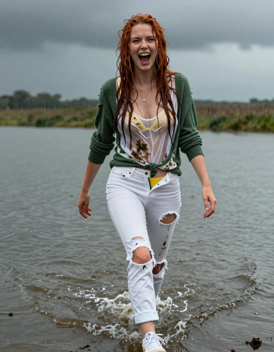 photo of young woman, in soaking wet, drenched clothes,
wet white sneakers walking in water, white jeans, ripped, muddy and very wet yellow panties underneath jeans open at zipper, long green sweater, wet muddy and ripped, underneath sweater is a wet white blouse transparent with yellow bra under that, walking in angle deep water along edge of marsh in the rain, stormy skies, 
enjoying, wet clothes stuck to body,
detailed textures of the wet clothes, wet face, wet plastered hair,
wet, drenched, professional, high-quality details, full body view.
sharp focus, ultra-high pixel detail, realistic, high-quality, full colors, incredibly detailed, 4k, 8k, 16k, hyper-realistic, RAW photo, masterpiece, ultra-detailed, professionally color graded, professional photograph, long wet tangled red hair  extending to waist. Mad expression, girls has just been thrown into the water and doesn't like it, yelling at camera, wet skin, wet clothes, damp fabric
