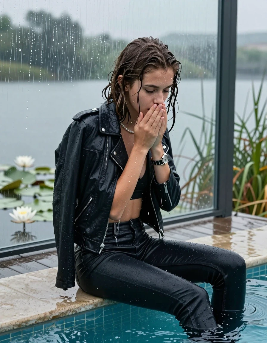 photo of young woman, in soaking wet, drenched clothes,
boots, Tight dark Levis skinny jeans, biker leatherjacket, crop top, shoulderbag, pearl necklace, bracelet, wristwatch, jetty by the lake with water lilies and reeds, 
enjoying, wet clothes stuck to body,
detailed textures of the wet clothes, wet face, wet plastered hair,
wet, drenched, professional, high-quality details, full body view.
sharp focus, ultra-high pixel detail, realistic, high-quality, full colors, incredibly detailed, 4k, 8k, 16k, hyper-realistic, RAW photo, masterpiece, ultra-detailed, professionally color graded, professional photograph, A realistic vertical POV photograph of a Young horny 12-year-old teengirl sitting, leaning forward and let her falling in a glass-walled outdoor swimming pool, facing up to the camera to show her back. 

She is tilting her head at camera, letting the water drench her hair so it is glued flat against her head and body. 
She has  brunette Sleek collarbone bob with a topknot, completely saturated and dripping wet hair, with water cascading down her face and neck. Shy and astonished expression. Hold her hands over her mouth. Half Closed eyes.

The lighting is bright and cinematic, highlighting the glistening water droplets and the saturated texture of her  casual clothes. Outside the large glass wall of the pool building, heavy rain is visible falling against the window. Soft, moody indoor lighting with reflections on the water. High-quality fashion photography style.
her clothing is soaking wet and clinging tightly to her skin, showing heavy wet  darkened fabric texture, her clothes are heavy from the water, water runs from her body and her clothes in streams. A lot of water also runs out of her clothes. Her clothes are darkened by the water. 
hyper-realistic wetness, high-contrast water sheen, sharp focus, 16k resolution, professional photography, realistic water physics., wet skin, wet clothes, damp fabric., wet skin, wet clothes, damp fabric, wet skin, wet clothes, damp fabric, wet skin, wet clothes, damp fabric, wet skin, wet clothes, damp fabric, wet skin, wet clothes, damp fabric, wet skin, wet clothes, damp fabric, wet skin, wet clothes, damp fabric, wet skin, wet clothes, damp fabric, wet skin, wet clothes, damp fabric, wet skin, wet clothes, damp fabric, wet skin, wet clothes, damp fabric, wet skin, wet clothes, damp fabric