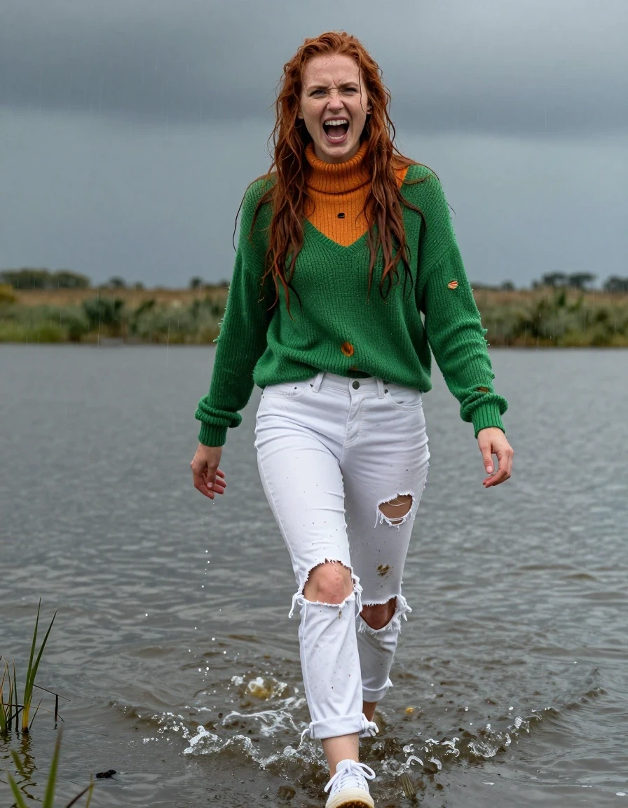 photo of young woman, in soaking wet, drenched clothes,
wet white sneakers walking in water, white jeans, ripped, muddy and very wet yellow panties underneath jeans open at zipper, long green sweater, wet muddy and ripped, underneath sweater is a wet ripped and muddy orange knit turtle neck top , walking in angle deep water along edge of marsh in the rain, stormy skies, 
enjoying, wet clothes stuck to body,
detailed textures of the wet clothes, wet face, wet plastered hair,
wet, drenched, professional, high-quality details, full body view.
sharp focus, ultra-high pixel detail, realistic, high-quality, full colors, incredibly detailed, 4k, 8k, 16k, hyper-realistic, RAW photo, masterpiece, ultra-detailed, professionally color graded, professional photograph, long wet tangled red hair  extending to waist. Mad expression, girls has just been thrown into the water and doesn't like it, yelling at camera, wet skin, wet clothes, damp fabric, wet skin, wet clothes, damp fabric