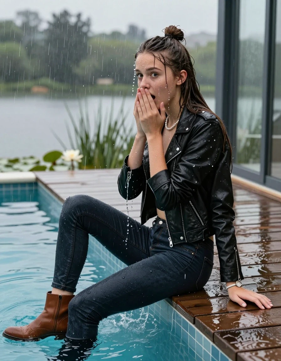 photo of young woman, in soaking wet, drenched clothes,
Brown ankle boots, Tight dark Levis skinny jeans, biker leatherjacket, crop top, shoulderbag, pearl necklace, bracelet, wristwatch, jetty by the lake with water lilies and reeds, 
enjoying, wet clothes stuck to body,
detailed textures of the wet clothes, wet face, wet plastered hair,
wet, drenched, professional, high-quality details, full body view.
sharp focus, ultra-high pixel detail, realistic, high-quality, full colors, incredibly detailed, 4k, 8k, 16k, hyper-realistic, RAW photo, masterpiece, ultra-detailed, professionally color graded, professional photograph, A realistic vertical fashion photograph taken from a backward, behind-the-back angle of a. Young horny 12-year-old teengirl sitting, leaning forward and let her falling in a glass-walled outdoor swimming pool, facing up to the camera to show her back. 

She is tilting her head at camera, letting the water drench her hair so it is glued flat against her head and body. 
She has  brunette Sleek Long straight hair with a topknot, completely saturated and dripping wet hair, with water cascading down her face and neck. Shocked and astonished expression. She is a Little Bit fearful. Hold her hands over her mouth. Half Closed eyes.

The lighting is bright and cinematic, highlighting the glistening water droplets and the saturated texture of her  casual clothes. Outside the large glass wall of the pool building, heavy rain is visible falling against the window. Soft, moody indoor lighting with reflections on the water. High-quality fashion photography style.
her clothing is soaking wet and clinging tightly to her skin, showing heavy wet  darkened fabric texture, her clothes are heavy from the water, water runs from her body and her clothes in streams. A lot of water also runs out of her clothes. Her clothes are darkened by the water. 
hyper-realistic wetness, high-contrast water sheen, sharp focus, 16k resolution, professional photography, realistic water physics., wet skin, wet clothes, damp fabric., wet skin, wet clothes, damp fabric, wet skin, wet clothes, damp fabric, wet skin, wet clothes, damp fabric, wet skin, wet clothes, damp fabric, wet skin, wet clothes, damp fabric, wet skin, wet clothes, damp fabric, wet skin, wet clothes, damp fabric, wet skin, wet clothes, damp fabric, wet skin, wet clothes, damp fabric, wet skin, wet clothes, damp fabric