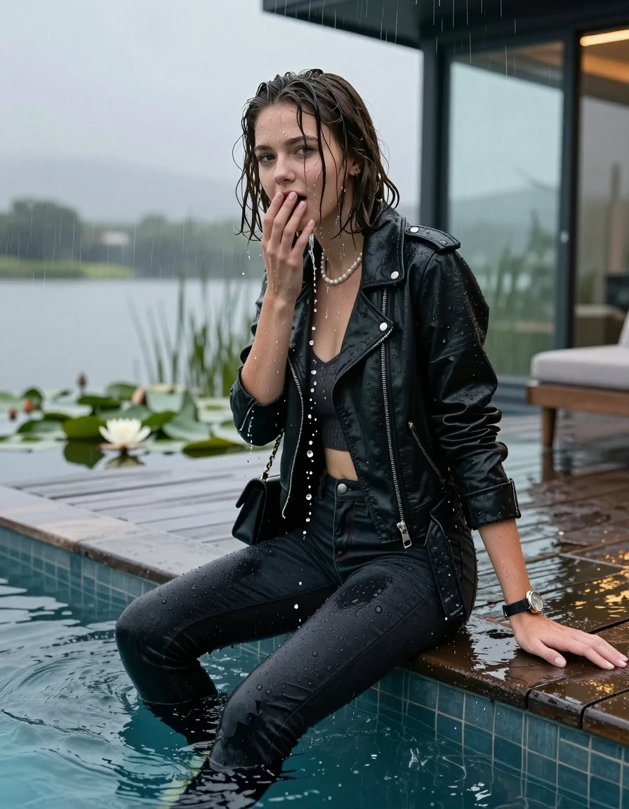 photo of young woman, in soaking wet, drenched clothes,
boots, Tight dark Levis skinny jeans, biker leatherjacket, crop top, shoulderbag, pearl necklace, bracelet, wristwatch, jetty by the lake with water lilies and reeds, 
enjoying, wet clothes stuck to body,
detailed textures of the wet clothes, wet face, wet plastered hair,
wet, drenched, professional, high-quality details, full body view.
sharp focus, ultra-high pixel detail, realistic, high-quality, full colors, incredibly detailed, 4k, 8k, 16k, hyper-realistic, RAW photo, masterpiece, ultra-detailed, professionally color graded, professional photograph, A realistic vertical POV photograph from the perspective of an teenage girl in a rooftop pool at night, looking up of a Young horny 12-year-old teengirl sitting, leaning forward and let her falling in a glass-walled outdoor swimming pool, facing up to the camera to show her back. 

She is tilting her head at camera, letting the water drench her hair so it is glued flat against her head and body. 
She has  brunette Sleek collarbone bob with a topknot, completely saturated and dripping wet hair, with water cascading down her face and neck. Shy and astonished expression. Hold her hands over her mouth. Half Closed eyes.

The lighting is bright and cinematic, highlighting the glistening water droplets and the saturated texture of her  casual clothes. Outside the large glass wall of the pool building, heavy rain is visible falling against the window. Soft, moody indoor lighting with reflections on the water. High-quality fashion photography style.
her clothing is soaking wet and clinging tightly to her skin, showing heavy wet  darkened fabric texture, her clothes are heavy from the water, water runs from her body and her clothes in streams. A lot of water also runs out of her clothes. Her clothes are darkened by the water. 
hyper-realistic wetness, high-contrast water sheen, sharp focus, 16k resolution, professional photography, realistic water physics., wet skin, wet clothes, damp fabric., wet skin, wet clothes, damp fabric, wet skin, wet clothes, damp fabric, wet skin, wet clothes, damp fabric, wet skin, wet clothes, damp fabric, wet skin, wet clothes, damp fabric, wet skin, wet clothes, damp fabric, wet skin, wet clothes, damp fabric, wet skin, wet clothes, damp fabric, wet skin, wet clothes, damp fabric, wet skin, wet clothes, damp fabric, wet skin, wet clothes, damp fabric, wet skin, wet clothes, damp fabric