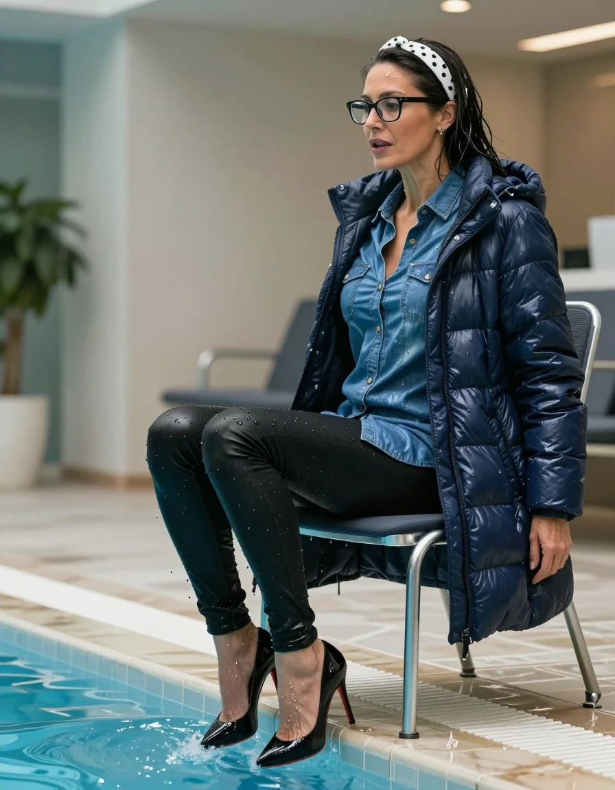 photo of young woman, in soaking wet, drenched clothes,
high-heeled shoes, long shiny black jeans, long shiny blue denim shirt with long sleeves, maxi dark blue down jacket, on the chair after diving into the water of the indoor pool, 
enjoying, wet clothes stuck to body,
detailed textures of the wet clothes, wet face, wet plastered hair,
wet, drenched, professional, high-quality details, full body view.
sharp focus, ultra-high pixel detail, realistic, high-quality, full colors, incredibly detailed, 4k, 8k, 16k, hyper-realistic, RAW photo, masterpiece, ultra-detailed, professionally color graded, professional photograph, european brunette skinny woman 50 years old, long dark black hair, white polka-dot headband, office glasses, very big and thick lips, complete body, wet skin, wet clothes, damp fabric, wet skin, wet clothes, damp fabric, wet skin, wet clothes, damp fabric, wet skin, wet clothes, damp fabric, wet skin, wet clothes, damp fabric, wet skin, wet clothes, damp fabric, wet skin, wet clothes, damp fabric