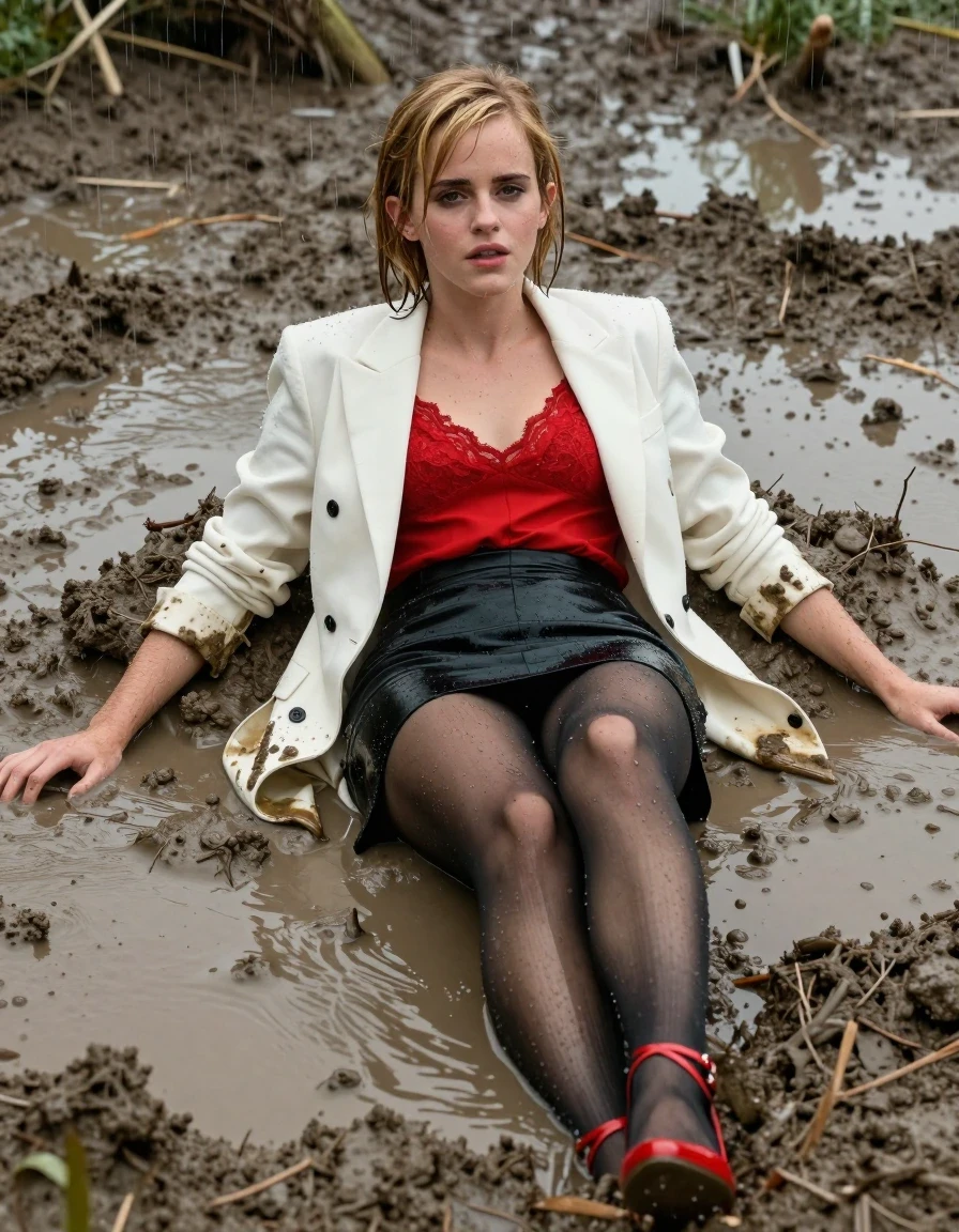 photo of young woman, in soaking wet, drenched clothes,
Red strappy heels , black stockings, black miniskirt, Red lace camisole, muddy white blazer, Lying Submerged in deep mud, heavy rain, 
enjoying, wet clothes stuck to body,
detailed textures of the wet clothes, wet face, wet plastered hair,
wet, drenched, professional, high-quality details, full body view.
sharp focus, ultra-high pixel detail, realistic, high-quality, full colors, incredibly detailed, 4k, 8k, 16k, hyper-realistic, RAW photo, masterpiece, ultra-detailed, professionally color graded, professional photograph, Blonde, Emma Watson, arms down, wet skin, wet clothes, damp fabric, wet skin, wet clothes, damp fabric