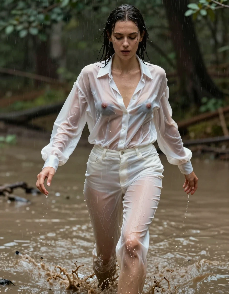 photo of young woman, in soaking wet, drenched clothes,
, white long oversized silk jeans, dripping wet, shiny, transparent, tranparent, see-through, oversized silk satin long white blouse,collar-up, complete buttoned-up, long sleeves, completely soaked, translucent, clinging to her body and clearly revealing her breasts and nipples underneath, with no bra worn, running in a hip-deep muddy puddle in the muddy water in the woods, 
enjoying, wet clothes stuck to body,
detailed textures of the wet clothes, wet face, wet plastered hair,
wet, drenched, professional, high-quality details, full body view.
sharp focus, ultra-high pixel detail, realistic, high-quality, full colors, incredibly detailed, 4k, 8k, 16k, hyper-realistic, RAW photo, masterpiece, ultra-detailed, professionally color graded, professional photograph, muddy clothes, heavy rain, completely soaked, drenched, dripping wet, wet skin, wet clothes, damp fabric, wet skin, damp fabric, wet clothes, wet skin, wet clothes, damp fabric