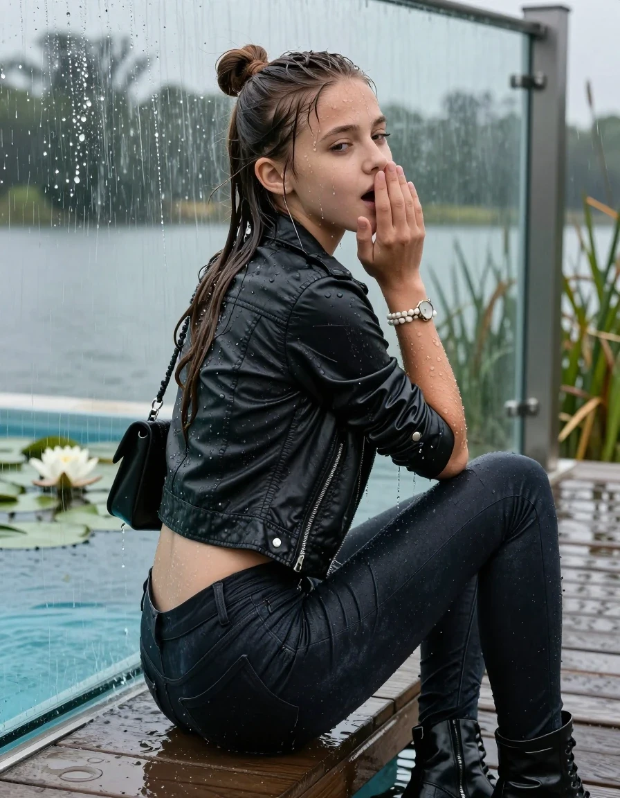 photo of young woman, in soaking wet, drenched clothes,
boots, Tight dark Levis skinny jeans, biker leatherjacket, crop top, shoulderbag, pearl necklace, bracelet, wristwatch, jetty by the lake with water lilies and reeds, 
enjoying, wet clothes stuck to body,
detailed textures of the wet clothes, wet face, wet plastered hair,
wet, drenched, professional, high-quality details, full body view.
sharp focus, ultra-high pixel detail, realistic, high-quality, full colors, incredibly detailed, 4k, 8k, 16k, hyper-realistic, RAW photo, masterpiece, ultra-detailed, professionally color graded, professional photograph, A realistic vertical fashion photograph taken from a backward, behind-the-back angle of a Young horny 12-year-old teengirl sitting, leaning forward and let her falling in a glass-walled outdoor swimming pool, facing up to the camera to show her back. 

She is tilting her head at camera, letting the water drench her hair so it is glued flat against her head and body. 
She has  brunette Sleek Long straight hair with a topknot, completely saturated and dripping wet hair, with water cascading down her face and neck. Shy and astonished expression. Hold her hands over her mouth. Half Closed eyes.

The lighting is bright and cinematic, highlighting the glistening water droplets and the saturated texture of her  casual clothes. Outside the large glass wall of the pool building, heavy rain is visible falling against the window. Soft, moody indoor lighting with reflections on the water. High-quality fashion photography style.
her clothing is soaking wet and clinging tightly to her skin, showing heavy wet  darkened fabric texture, her clothes are heavy from the water, water runs from her body and her clothes in streams. A lot of water also runs out of her clothes. Her clothes are darkened by the water. 
hyper-realistic wetness, high-contrast water sheen, sharp focus, 16k resolution, professional photography, realistic water physics., wet skin, wet clothes, damp fabric., wet skin, wet clothes, damp fabric, wet skin, wet clothes, damp fabric, wet skin, wet clothes, damp fabric, wet skin, wet clothes, damp fabric, wet skin, wet clothes, damp fabric, wet skin, wet clothes, damp fabric, wet skin, wet clothes, damp fabric, wet skin, wet clothes, damp fabric, wet skin, wet clothes, damp fabric, wet skin, wet clothes, damp fabric, wet skin, wet clothes, damp fabric, wet skin, wet clothes, damp fabric