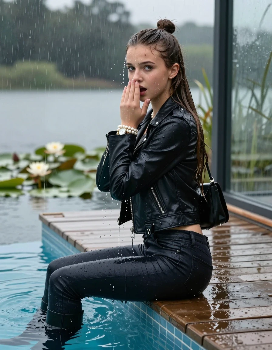 photo of young woman, in soaking wet, drenched clothes,
boots, Tight dark Levis skinny jeans, biker leatherjacket, crop top, shoulderbag, pearl necklace, bracelet, wristwatch, jetty by the lake with water lilies and reeds, 
enjoying, wet clothes stuck to body,
detailed textures of the wet clothes, wet face, wet plastered hair,
wet, drenched, professional, high-quality details, full body view.
sharp focus, ultra-high pixel detail, realistic, high-quality, full colors, incredibly detailed, 4k, 8k, 16k, hyper-realistic, RAW photo, masterpiece, ultra-detailed, professionally color graded, professional photograph, A realistic vertical fashion photograph taken from a backward, behind-the-back angle of a Young horny 12-year-old teengirl sitting, leaning forward and let her falling in a glass-walled outdoor swimming pool, facing direct to the camera to show her back. 

She is tilting her head at camera, letting the water drench her hair so it is glued flat against her head and body. 
She has  brunette Sleek Long straight hair with a topknot, completely saturated and dripping wet hair, with water cascading down her face and neck. Baffled expression. Hold her hands over her mouth. Big eyes.

The lighting is bright and cinematic, highlighting the glistening water droplets and the saturated texture of her  casual clothes. Outside the large glass wall of the pool building, heavy rain is visible falling against the window. Soft, moody indoor lighting with reflections on the water. High-quality fashion photography style.
her clothing is soaking wet and clinging tightly to her skin, showing heavy wet  darkened fabric texture, her clothes are heavy from the water, water runs from her body and her clothes in streams. A lot of water also runs out of her clothes. Her clothes are darkened by the water. 
hyper-realistic wetness, high-contrast water sheen, sharp focus, 16k resolution, professional photography, realistic water physics., wet skin, wet clothes, damp fabric., wet skin, wet clothes, damp fabric, wet skin, wet clothes, damp fabric, wet skin, wet clothes, damp fabric, wet skin, wet clothes, damp fabric, wet skin, wet clothes, damp fabric, wet skin, wet clothes, damp fabric, wet skin, wet clothes, damp fabric, wet skin, wet clothes, damp fabric, wet skin, wet clothes, damp fabric, wet skin, wet clothes, damp fabric, wet skin, wet clothes, damp fabric, wet skin, wet clothes, damp fabric, wet skin, wet clothes, damp fabric