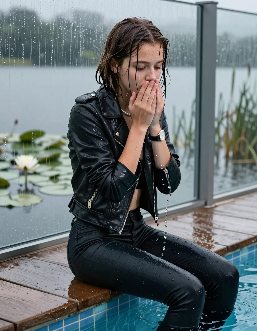 photo of young woman, in soaking wet, drenched clothes,
boots, Tight dark Levis skinny jeans, biker leatherjacket, crop top, shoulderbag, pearl necklace, bracelet, wristwatch, jetty by the lake with water lilies and reeds, 
enjoying, wet clothes stuck to body,
detailed textures of the wet clothes, wet face, wet plastered hair,
wet, drenched, professional, high-quality details, full body view.
sharp focus, ultra-high pixel detail, realistic, high-quality, full colors, incredibly detailed, 4k, 8k, 16k, hyper-realistic, RAW photo, masterpiece, ultra-detailed, professionally color graded, professional photograph, A realistic vertical POV photograph of a Young horny 12-year-old teengirl sitting, leaning forward and let her falling in a glass-walled outdoor swimming pool, facing up to the camera to show her back. 

She is tilting her head at camera, letting the water drench her hair so it is glued flat against her head and body. 
She has  brunette Sleek collarbone bob with a topknot, completely saturated and dripping wet hair, with water cascading down her face and neck. Shy and astonished expression. Hold her hands over her mouth. Half Closed eyes.

The lighting is bright and cinematic, highlighting the glistening water droplets and the saturated texture of her  casual clothes. Outside the large glass wall of the pool building, heavy rain is visible falling against the window. Soft, moody indoor lighting with reflections on the water. High-quality fashion photography style.
her clothing is soaking wet and clinging tightly to her skin, showing heavy wet  darkened fabric texture, her clothes are heavy from the water, water runs from her body and her clothes in streams. A lot of water also runs out of her clothes. Her clothes are darkened by the water. 
hyper-realistic wetness, high-contrast water sheen, sharp focus, 16k resolution, professional photography, realistic water physics., wet skin, wet clothes, damp fabric., wet skin, wet clothes, damp fabric, wet skin, wet clothes, damp fabric, wet skin, wet clothes, damp fabric, wet skin, wet clothes, damp fabric, wet skin, wet clothes, damp fabric, wet skin, wet clothes, damp fabric, wet skin, wet clothes, damp fabric, wet skin, wet clothes, damp fabric, wet skin, wet clothes, damp fabric, wet skin, wet clothes, damp fabric, wet skin, wet clothes, damp fabric, wet skin, wet clothes, damp fabric