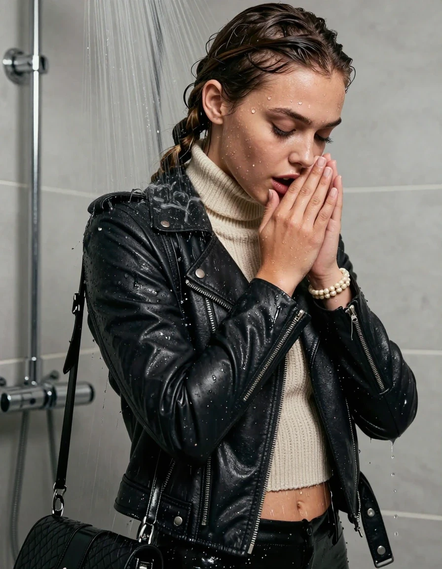 photo of young woman, in soaking wet, drenched clothes,
, , Biker leatherjacket, knit turtleneck sweater belly free, handbag, pearl necklace, bracelet, wristwatch, Under the shower, strong jet of water, in modern bathroom, 
enjoying, wet clothes stuck to body,
detailed textures of the wet clothes, wet face, wet plastered hair,
wet, drenched, professional, high-quality details, full body view.
sharp focus, ultra-high pixel detail, realistic, high-quality, full colors, incredibly detailed, 4k, 8k, 16k, hyper-realistic, RAW photo, masterpiece, ultra-detailed, professionally color graded, professional photograph, A realistic vertical fashion photograph taken from a backward, behind-the-back angle of a Young horny 15-year-old teengirl and her friends. Completely soaked to the Skin.

Two long braids. 
Open mouth, half closed eyes. Looking down. One Hold her hands over her mouth. 

The girls wear different clothes.

she is completely underwater up to her neck, sexuell aroused expression. 

her clothing is soaking wet and clinging tightly to her skin, showing heavy wet folds, darkened fabric texture, and deep water-saturated Patches, her clothes are heavy from the water, water runs from her body and her clothes in streams. A lot of water also runs out of her clothes. Her clothes are darkened by the water. Her submerged clothes are good visible under the water.  she soaked her handbag into the water.

close up view, wet skin, wet clothes, wet hair, damp fabric, water runs down the clothes, wet skin, wet clothes, damp fabric. cinematic medium shot, hyper-realistic wetness, high-contrast water sheen, sharp focus, 16k resolution, professional photography, realistic water physics., wet skin, wet clothes, damp fabric, wet skin, wet clothes, damp fabric, wet skin, wet clothes, damp fabric, wet skin, wet clothes, damp fabric, wet skin, wet clothes, damp fabric, wet skin, wet clothes, damp fabric, wet skin, wet clothes, damp fabric, wet skin, wet clothes, damp fabric, wet skin, wet clothes, damp fabric, wet skin, wet clothes, damp fabric