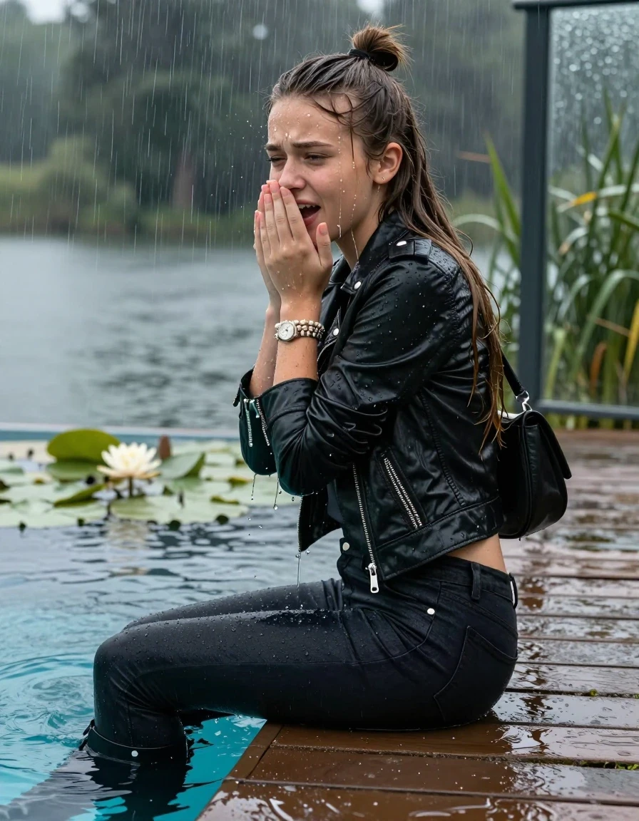 photo of young woman, in soaking wet, drenched clothes,
boots, Tight dark Levis skinny jeans, biker leatherjacket, crop top, shoulderbag, pearl necklace, bracelet, wristwatch, jetty by the lake with water lilies and reeds, 
enjoying, wet clothes stuck to body,
detailed textures of the wet clothes, wet face, wet plastered hair,
wet, drenched, professional, high-quality details, full body view.
sharp focus, ultra-high pixel detail, realistic, high-quality, full colors, incredibly detailed, 4k, 8k, 16k, hyper-realistic, RAW photo, masterpiece, ultra-detailed, professionally color graded, professional photograph, A realistic vertical fashion photograph taken from a backward, behind-the-back angle of a Young horny 12-year-old teengirl sitting, leaning forward and let her falling in a glass-walled outdoor swimming pool, facing up to the camera to show her back. 

She is tilting her head at camera, letting the water drench her hair so it is glued flat against her head and body. 
She has  brunette Sleek Long straight hair with a topknot, completely saturated and dripping wet hair, with water cascading down her face and neck. Worried and astonished expression. She is a Little Bit fearful. Hold her hands over her mouth. Half Closed eyes. Moaning, slight smile.

The lighting is bright and cinematic, highlighting the glistening water droplets and the saturated texture of her  casual clothes. Outside the large glass wall of the pool building, heavy rain is visible falling against the window. Soft, moody indoor lighting with reflections on the water. High-quality fashion photography style.
her clothing is soaking wet and clinging tightly to her skin, showing heavy wet  darkened fabric texture, her clothes are heavy from the water, water runs from her body and her clothes in streams. A lot of water also runs out of her clothes. Her clothes are darkened by the water. 
hyper-realistic wetness, high-contrast water sheen, sharp focus, 16k resolution, professional photography, realistic water physics., wet skin, wet clothes, damp fabric., wet skin, wet clothes, damp fabric, wet skin, wet clothes, damp fabric, wet skin, wet clothes, damp fabric, wet skin, wet clothes, damp fabric, wet skin, wet clothes, damp fabric, wet skin, wet clothes, damp fabric, wet skin, wet clothes, damp fabric, wet skin, wet clothes, damp fabric, wet skin, wet clothes, damp fabric, wet skin, wet clothes, damp fabric, wet skin, wet clothes, damp fabric