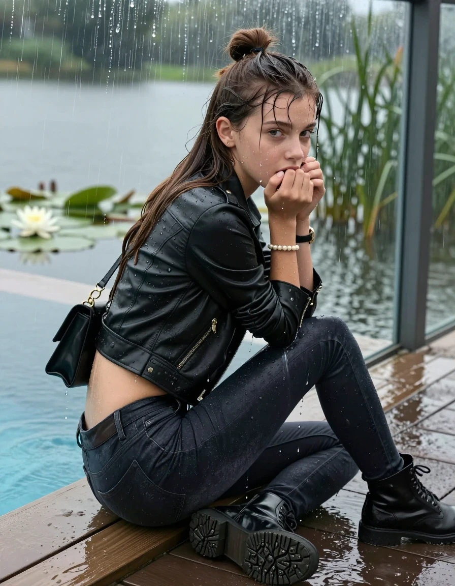 photo of young woman, in soaking wet, drenched clothes,
boots, Tight dark Levis skinny jeans, biker leatherjacket, crop top, shoulderbag, pearl necklace, bracelet, wristwatch, jetty by the lake with water lilies and reeds, 
enjoying, wet clothes stuck to body,
detailed textures of the wet clothes, wet face, wet plastered hair,
wet, drenched, professional, high-quality details, full body view.
sharp focus, ultra-high pixel detail, realistic, high-quality, full colors, incredibly detailed, 4k, 8k, 16k, hyper-realistic, RAW photo, masterpiece, ultra-detailed, professionally color graded, professional photograph, A realistic vertical fashion photograph taken from a backward, behind-the-back angle of a Young horny 12-year-old teengirl sitting, leaning forward and let her falling in a glass-walled outdoor swimming pool, facing direct to the camera to show her back. 

She is tilting her head at camera, letting the water drench her hair so it is glued flat against her head and body. 
She has  brunette Sleek Long straight hair with a topknot, completely saturated and dripping wet hair, with water cascading down her face and neck. Baffled expression. Hold her hands over her mouth. Big eyes.

The lighting is bright and cinematic, highlighting the glistening water droplets and the saturated texture of her  casual clothes. Outside the large glass wall of the pool building, heavy rain is visible falling against the window. Soft, moody indoor lighting with reflections on the water. High-quality fashion photography style.
her clothing is soaking wet and clinging tightly to her skin, showing heavy wet  darkened fabric texture, her clothes are heavy from the water, water runs from her body and her clothes in streams. A lot of water also runs out of her clothes. Her clothes are darkened by the water. 
hyper-realistic wetness, high-contrast water sheen, sharp focus, 16k resolution, professional photography, realistic water physics., wet skin, wet clothes, damp fabric., wet skin, wet clothes, damp fabric, wet skin, wet clothes, damp fabric, wet skin, wet clothes, damp fabric, wet skin, wet clothes, damp fabric, wet skin, wet clothes, damp fabric, wet skin, wet clothes, damp fabric, wet skin, wet clothes, damp fabric, wet skin, wet clothes, damp fabric, wet skin, wet clothes, damp fabric, wet skin, wet clothes, damp fabric, wet skin, wet clothes, damp fabric, wet skin, wet clothes, damp fabric, wet skin, wet clothes, damp fabric