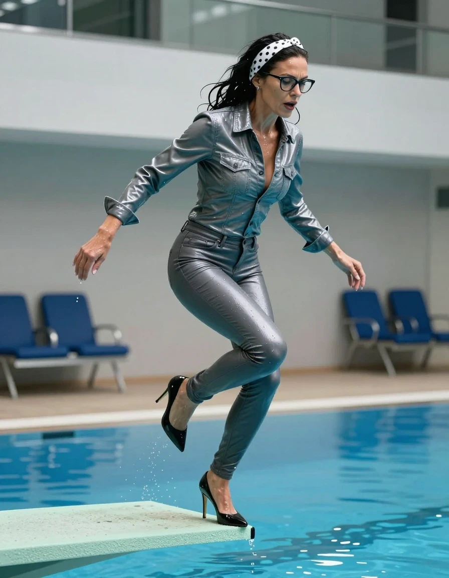 photo of young woman, in soaking wet, drenched clothes,
high-heeled shoes, midi latex gray silver jeans, long latex silver denim shirt with long sleeves, jumping from the diving board into the water of the indoor pool, 
enjoying, wet clothes stuck to body,
detailed textures of the wet clothes, wet face, wet plastered hair,
wet, drenched, professional, high-quality details, full body view.
sharp focus, ultra-high pixel detail, realistic, high-quality, full colors, incredibly detailed, 4k, 8k, 16k, hyper-realistic, RAW photo, masterpiece, ultra-detailed, professionally color graded, professional photograph, european brunette skinny woman 50 years old, long dark black hair, white polka-dot headband, office glasses, very big and thick lips, complete body, wet skin, wet clothes, damp fabric, wet skin, wet clothes, damp fabric, wet skin, wet clothes, damp fabric, wet skin, wet clothes, damp fabric, wet skin, wet clothes, damp fabric, wet skin, wet clothes, damp fabric, wet skin, wet clothes, damp fabric