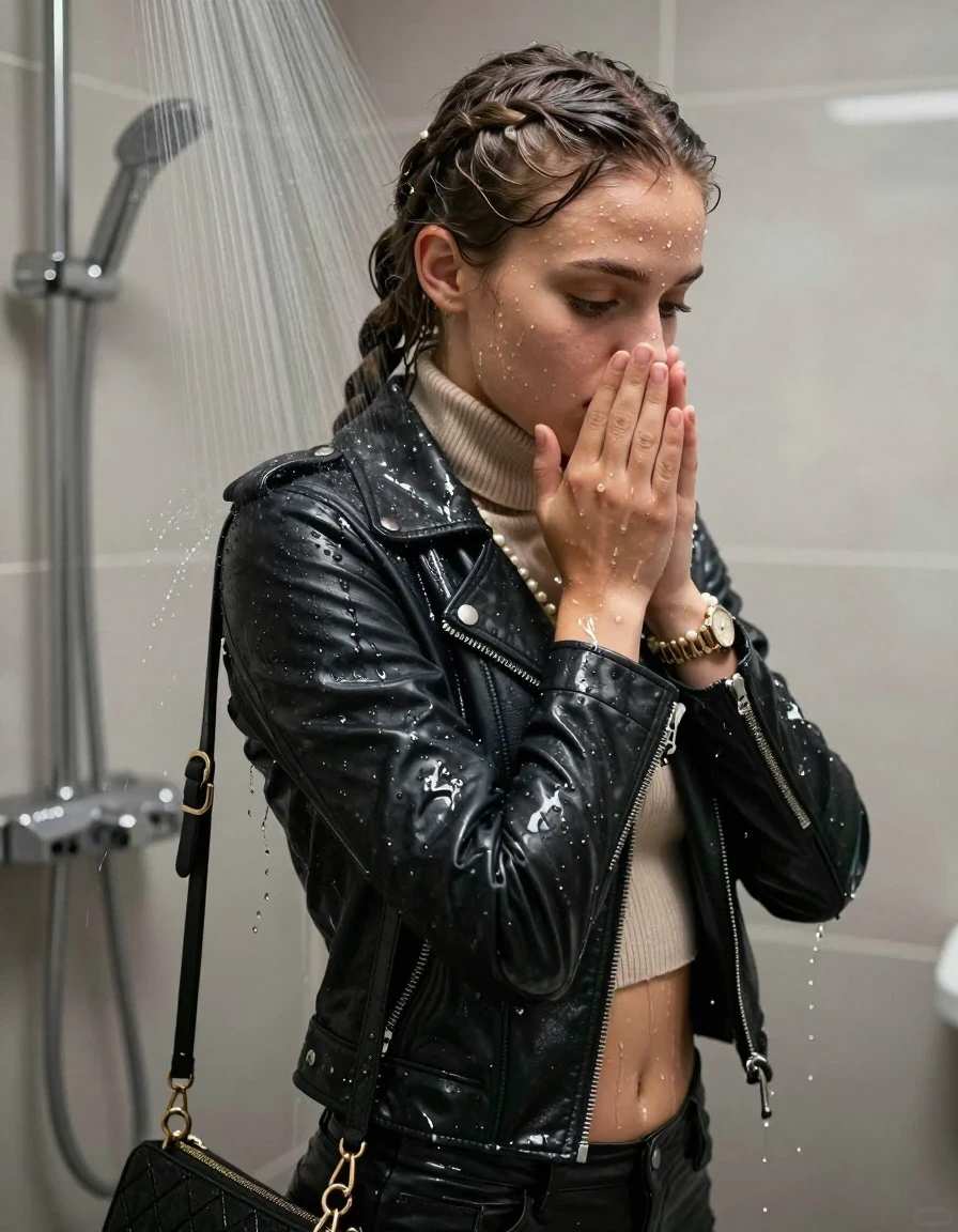 photo of young woman, in soaking wet, drenched clothes,
, , Biker leatherjacket, knit turtleneck sweater belly free, handbag, pearl necklace, bracelet, wristwatch, Under the shower, strong jet of water, in modern bathroom, 
enjoying, wet clothes stuck to body,
detailed textures of the wet clothes, wet face, wet plastered hair,
wet, drenched, professional, high-quality details, full body view.
sharp focus, ultra-high pixel detail, realistic, high-quality, full colors, incredibly detailed, 4k, 8k, 16k, hyper-realistic, RAW photo, masterpiece, ultra-detailed, professionally color graded, professional photograph, A realistic vertical fashion photograph taken from a backward, behind-the-back angle of a Young horny 15-year-old teengirl and her friends. Completely soaked to the Skin.

Two long braids. 
Open mouth, big eyes. Looking down. One Hold her hands over her mouth. 

The girls wear different clothes.

she is completely underwater up to her neck, sexuell aroused expression. 

her clothing is soaking wet and clinging tightly to her skin, showing heavy wet folds, darkened fabric texture, and deep water-saturated Patches, her clothes are heavy from the water, water runs from her body and her clothes in streams. A lot of water also runs out of her clothes. Her clothes are darkened by the water. Her submerged clothes are good visible under the water.  she soaked her handbag into the water.

close up view, wet skin, wet clothes, wet hair, damp fabric, water runs down the clothes, wet skin, wet clothes, damp fabric. cinematic medium shot, hyper-realistic wetness, high-contrast water sheen, sharp focus, 16k resolution, professional photography, realistic water physics., wet skin, wet clothes, damp fabric, wet skin, wet clothes, damp fabric, wet skin, wet clothes, damp fabric, wet skin, wet clothes, damp fabric, wet skin, wet clothes, damp fabric, wet skin, wet clothes, damp fabric, wet skin, wet clothes, damp fabric, wet skin, wet clothes, damp fabric, wet skin, wet clothes, damp fabric, wet skin, wet clothes, damp fabric