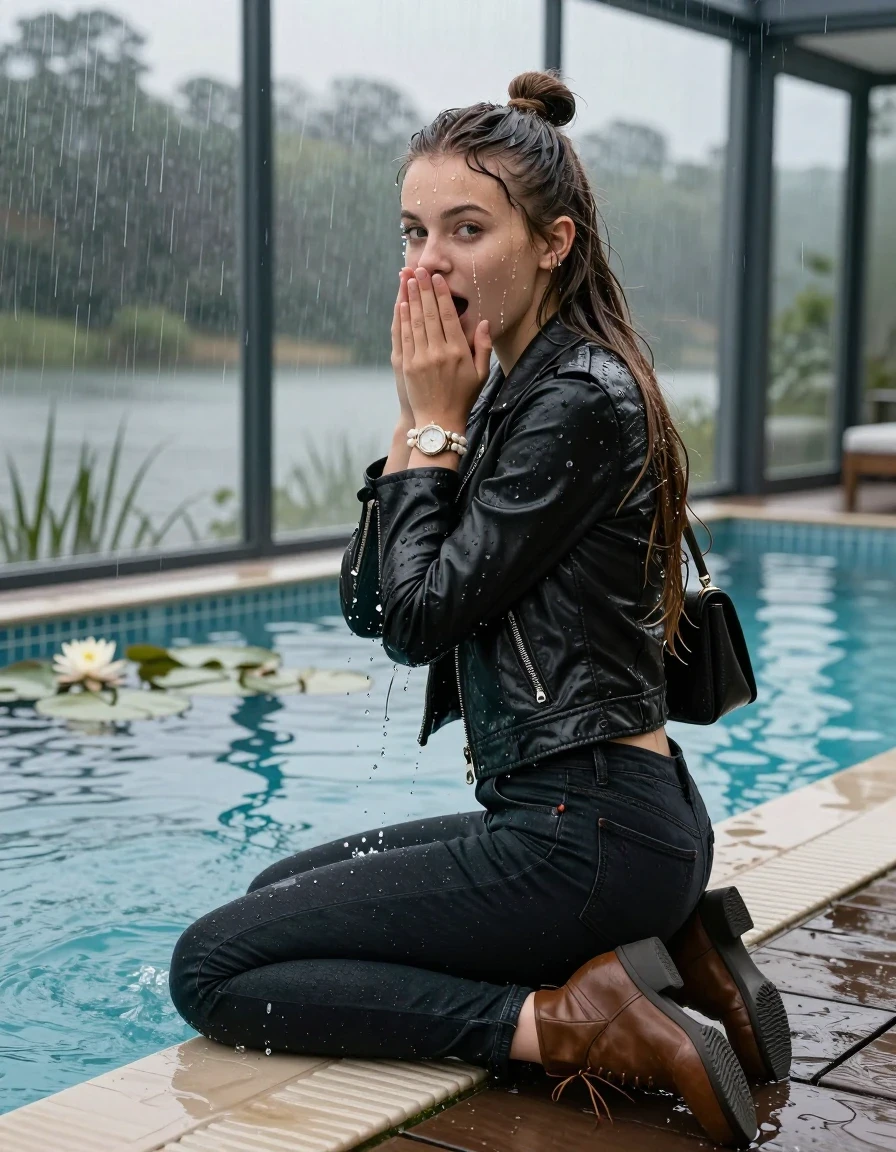 photo of young woman, in soaking wet, drenched clothes,
Brown ankle boots, Tight dark Levis skinny jeans, biker leatherjacket, crop top, shoulderbag, pearl necklace, bracelet, wristwatch, jetty by the lake with water lilies and reeds, 
enjoying, wet clothes stuck to body,
detailed textures of the wet clothes, wet face, wet plastered hair,
wet, drenched, professional, high-quality details, full body view.
sharp focus, ultra-high pixel detail, realistic, high-quality, full colors, incredibly detailed, 4k, 8k, 16k, hyper-realistic, RAW photo, masterpiece, ultra-detailed, professionally color graded, professional photograph, A realistic vertical fashion photograph taken from a backward, behind-the-back angle of a. Young horny 12-year-old teengirl sitting, leaning forward and let her falling in a glass-walled outdoor swimming pool, facing up to the camera to show her back. 

She is tilting her head at camera, letting the water drench her hair so it is glued flat against her head and body. 
She has  brunette Sleek Long straight hair with a topknot, completely saturated and dripping wet hair, with water cascading down her face and neck. Shocked and astonished expression. She is a Little Bit fearful. Hold her hands over her mouth. Half Closed eyes.

The lighting is bright and cinematic, highlighting the glistening water droplets and the saturated texture of her  casual clothes. Outside the large glass wall of the pool building, heavy rain is visible falling against the window. Soft, moody indoor lighting with reflections on the water. High-quality fashion photography style.
her clothing is soaking wet and clinging tightly to her skin, showing heavy wet  darkened fabric texture, her clothes are heavy from the water, water runs from her body and her clothes in streams. A lot of water also runs out of her clothes. Her clothes are darkened by the water. 
hyper-realistic wetness, high-contrast water sheen, sharp focus, 16k resolution, professional photography, realistic water physics., wet skin, wet clothes, damp fabric., wet skin, wet clothes, damp fabric, wet skin, wet clothes, damp fabric, wet skin, wet clothes, damp fabric, wet skin, wet clothes, damp fabric, wet skin, wet clothes, damp fabric, wet skin, wet clothes, damp fabric, wet skin, wet clothes, damp fabric, wet skin, wet clothes, damp fabric, wet skin, wet clothes, damp fabric, wet skin, wet clothes, damp fabric