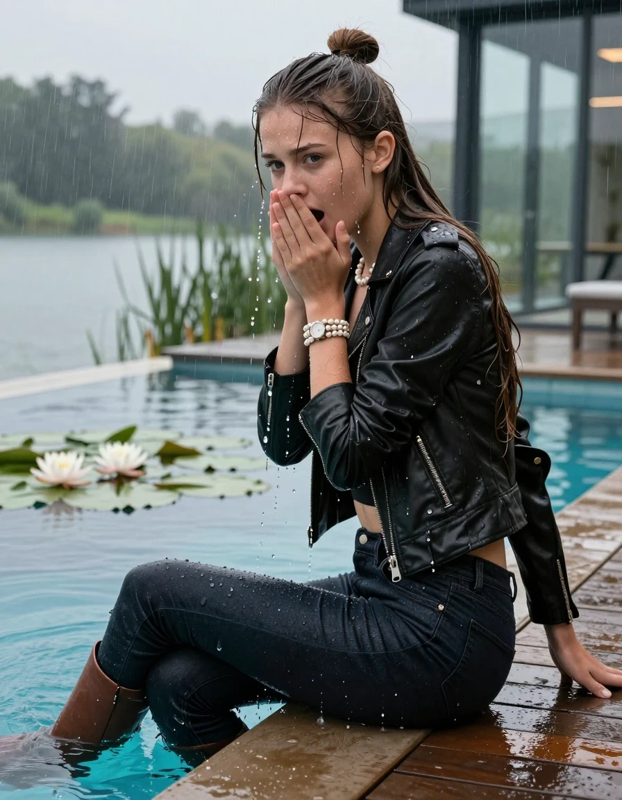 photo of young woman, in soaking wet, drenched clothes,
Brown ankle boots, Tight dark Levis skinny jeans, biker leatherjacket, crop top, shoulderbag, pearl necklace, bracelet, wristwatch, jetty by the lake with water lilies and reeds, 
enjoying, wet clothes stuck to body,
detailed textures of the wet clothes, wet face, wet plastered hair,
wet, drenched, professional, high-quality details, full body view.
sharp focus, ultra-high pixel detail, realistic, high-quality, full colors, incredibly detailed, 4k, 8k, 16k, hyper-realistic, RAW photo, masterpiece, ultra-detailed, professionally color graded, professional photograph, A realistic vertical fashion photograph taken from a backward, behind-the-back angle of a. Young horny 12-year-old teengirl sitting, leaning forward and let her falling in a glass-walled outdoor swimming pool, facing up to the camera to show her back. 

She is tilting her head at camera, letting the water drench her hair so it is glued flat against her head and body. 
She has  brunette Sleek Long straight hair with a topknot, completely saturated and dripping wet hair, with water cascading down her face and neck. Afraid and astonished expression. She is a Little Bit fearful. Hold her hands over her mouth. Half Closed eyes.

The lighting is bright and cinematic, highlighting the glistening water droplets and the saturated texture of her  casual clothes. Outside the large glass wall of the pool building, heavy rain is visible falling against the window. Soft, moody indoor lighting with reflections on the water. High-quality fashion photography style.
her clothing is soaking wet and clinging tightly to her skin, showing heavy wet  darkened fabric texture, her clothes are heavy from the water, water runs from her body and her clothes in streams. A lot of water also runs out of her clothes. Her clothes are darkened by the water. 
hyper-realistic wetness, high-contrast water sheen, sharp focus, 16k resolution, professional photography, realistic water physics., wet skin, wet clothes, damp fabric., wet skin, wet clothes, damp fabric, wet skin, wet clothes, damp fabric, wet skin, wet clothes, damp fabric, wet skin, wet clothes, damp fabric, wet skin, wet clothes, damp fabric, wet skin, wet clothes, damp fabric, wet skin, wet clothes, damp fabric, wet skin, wet clothes, damp fabric, wet skin, wet clothes, damp fabric, wet skin, wet clothes, damp fabric