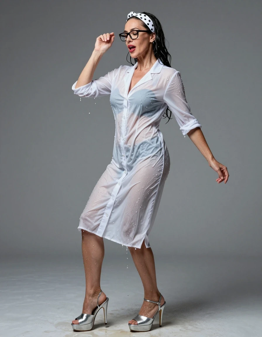 photo of young woman, in soaking wet, drenched clothes,
high-heeled shoes, maxi silver scubs, maxi silver scubs, dancing after bath, 
enjoying, wet clothes stuck to body,
detailed textures of the wet clothes, wet face, wet plastered hair,
wet, drenched, professional, high-quality details, full body view.
sharp focus, ultra-high pixel detail, realistic, high-quality, full colors, incredibly detailed, 4k, 8k, 16k, hyper-realistic, RAW photo, masterpiece, ultra-detailed, professionally color graded, professional photograph, european brunette skinny woman 50 years old, long dark black hair, white polka-dot headband, office glasses, very big and thick lips, complete body, wet skin, wet clothes, damp fabric, wet skin, wet clothes, damp fabric, wet skin, wet clothes, damp fabric, wet skin, wet clothes, damp fabric, wet skin, wet clothes, damp fabric, wet skin, wet clothes, damp fabric, wet skin, wet clothes, damp fabric