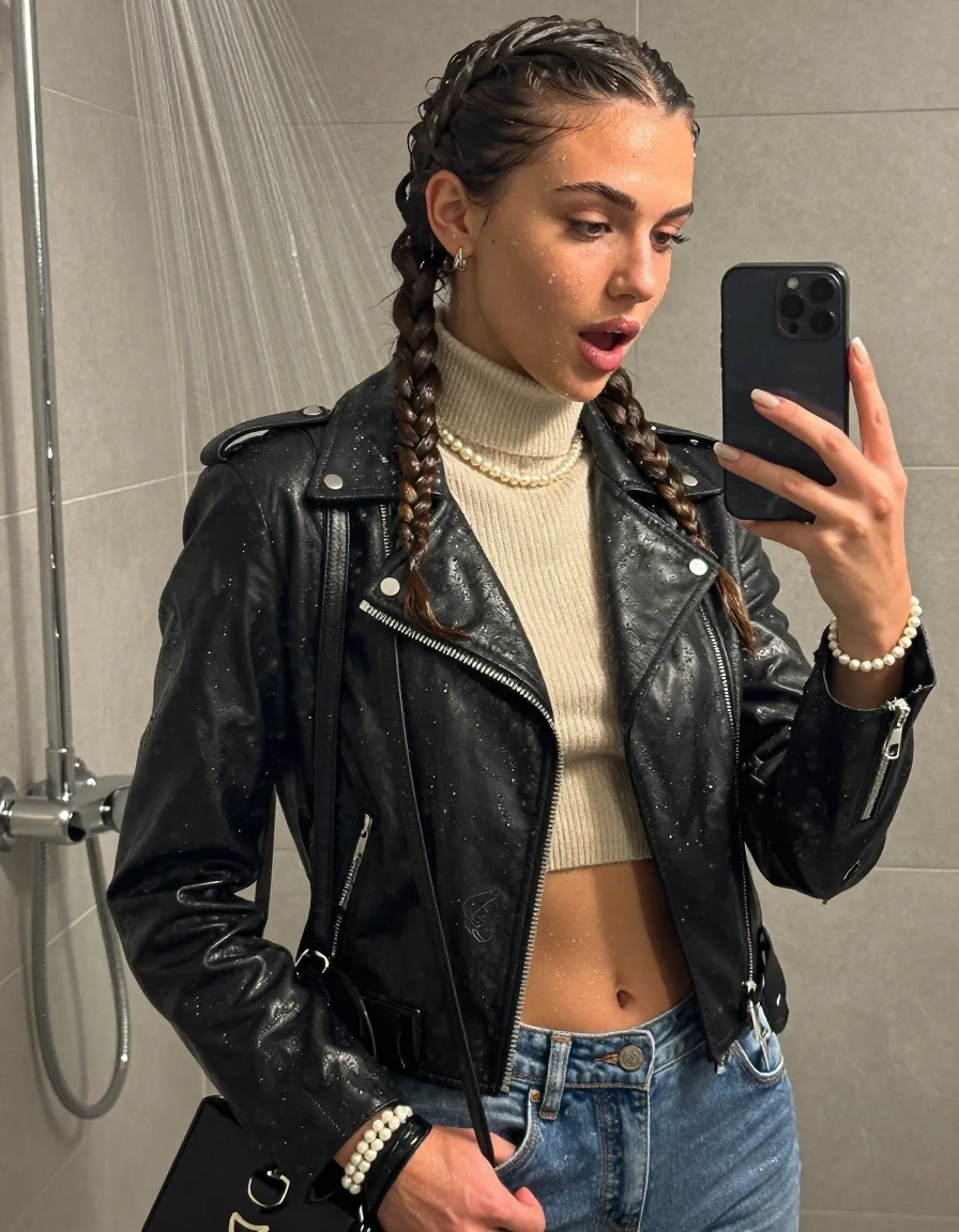 photo of young woman, in soaking wet, drenched clothes,
, , Biker leatherjacket, knit turtleneck sweater belly free, handbag, pearl necklace, bracelet, wristwatch, Under the shower, strong jet of water, in modern bathroom, 
enjoying, wet clothes stuck to body,
detailed textures of the wet clothes, wet face, wet plastered hair,
wet, drenched, professional, high-quality details, full body view.
sharp focus, ultra-high pixel detail, realistic, high-quality, full colors, incredibly detailed, 4k, 8k, 16k, hyper-realistic, RAW photo, masterpiece, ultra-detailed, professionally color graded, professional photograph, A realistic vertical fashion photograph taken from a backward, behind-the-back angle of a Young horny 15-year-old teengirl and her friends. Completely soaked to the Skin.

Two long braids. 
Open mouth, big eyes. Looking down. One Hand over her mouth. Take a Selfie with her Smartphone.

The girls wear different clothes.

she is completely underwater up to her neck, sexuell aroused expression. 

her clothing is soaking wet and clinging tightly to her skin, showing heavy wet folds, darkened fabric texture, and deep water-saturated Patches, her clothes are heavy from the water, water runs from her body and her clothes in streams. A lot of water also runs out of her clothes. Her clothes are darkened by the water. Her submerged clothes are good visible under the water.  she soaked her handbag into the water.

close up view, wet skin, wet clothes, wet hair, damp fabric, water runs down the clothes, wet skin, wet clothes, damp fabric. cinematic medium shot, hyper-realistic wetness, high-contrast water sheen, sharp focus, 16k resolution, professional photography, realistic water physics., wet skin, wet clothes, damp fabric, wet skin, wet clothes, damp fabric, wet skin, wet clothes, damp fabric, wet skin, wet clothes, damp fabric, wet skin, wet clothes, damp fabric, wet skin, wet clothes, damp fabric, wet skin, wet clothes, damp fabric, wet skin, wet clothes, damp fabric, wet skin, wet clothes, damp fabric, wet skin, wet clothes, damp fabric