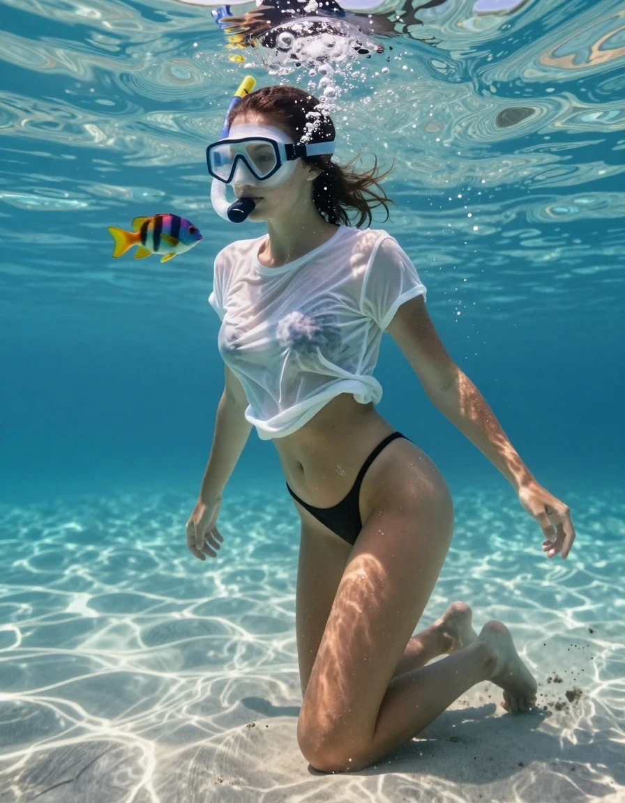 A stunning young adult European woman with wet hair and glistening skin, posing barefoot on the sandy floor of a tropical sea. She is wearing a black thong and a topless, soaking-wet, white matte old t-shirt that clings to her torso, with the fabric turned translucent and heavy with water, showing deep folds and dark saturated patches. She is wearing a diving mask and snorkel, gazing intently at a small, colorful fish. A steady stream of bubbles rises from her snorkel toward the shimmering water surface. The scene captures her in a natural, lascivious, and graceful underwater pose as she begins to turn and swim away, her body movements soft and fluid. The environment is a vibrant, clear tropical seabed with dappled sunlight filtering through the water. Photorealistic 8k, highly detailed textures, realistic water refraction, volumetric lighting, cinematic composition, sharp focus on the subject and the fish.