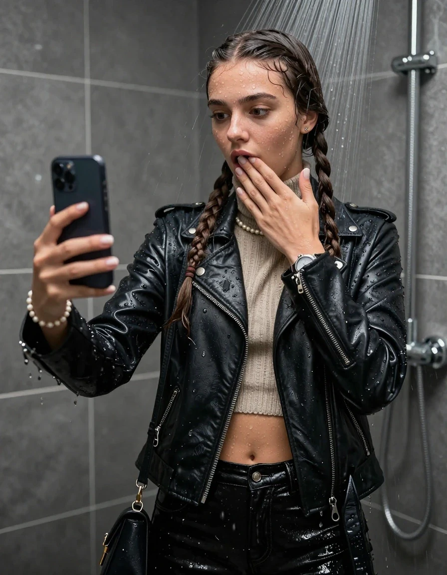 photo of young woman, in soaking wet, drenched clothes,
, , Biker leatherjacket, knit turtleneck sweater belly free, handbag, pearl necklace, bracelet, wristwatch, Under the shower, strong jet of water, in modern bathroom, 
enjoying, wet clothes stuck to body,
detailed textures of the wet clothes, wet face, wet plastered hair,
wet, drenched, professional, high-quality details, full body view.
sharp focus, ultra-high pixel detail, realistic, high-quality, full colors, incredibly detailed, 4k, 8k, 16k, hyper-realistic, RAW photo, masterpiece, ultra-detailed, professionally color graded, professional photograph, A realistic vertical fashion photograph taken from a backward, behind-the-back angle of a Young horny 15-year-old teengirl and her friends. Completely soaked to the Skin.

Two long braids. 
Open mouth, big eyes. Looking down. One Hand over her mouth. Take a Selfie with her Smartphone.

The girls wear different clothes.

she is completely underwater up to her neck, surprised and astonished expression. 

her clothing is soaking wet and clinging tightly to her skin, showing heavy wet folds, darkened fabric texture, and deep water-saturated Patches, her clothes are heavy from the water, water runs from her body and her clothes in streams. A lot of water also runs out of her clothes. Her clothes are darkened by the water. Her submerged clothes are good visible under the water.  she soaked her handbag into the water.

close up view, wet skin, wet clothes, wet hair, damp fabric, water runs down the clothes, wet skin, wet clothes, damp fabric. cinematic medium shot, hyper-realistic wetness, high-contrast water sheen, sharp focus, 16k resolution, professional photography, realistic water physics., wet skin, wet clothes, damp fabric, wet skin, wet clothes, damp fabric, wet skin, wet clothes, damp fabric, wet skin, wet clothes, damp fabric, wet skin, wet clothes, damp fabric, wet skin, wet clothes, damp fabric, wet skin, wet clothes, damp fabric, wet skin, wet clothes, damp fabric, wet skin, wet clothes, damp fabric, wet skin, wet clothes, damp fabric