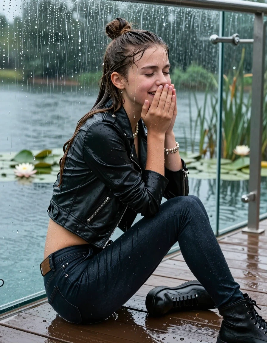 photo of young woman, in soaking wet, drenched clothes,
boots, Tight dark Levis skinny jeans, biker leatherjacket, crop top, shoulderbag, pearl necklace, bracelet, wristwatch, jetty by the lake with water lilies and reeds, 
enjoying, wet clothes stuck to body,
detailed textures of the wet clothes, wet face, wet plastered hair,
wet, drenched, professional, high-quality details, full body view.
sharp focus, ultra-high pixel detail, realistic, high-quality, full colors, incredibly detailed, 4k, 8k, 16k, hyper-realistic, RAW photo, masterpiece, ultra-detailed, professionally color graded, professional photograph, A realistic vertical fashion photograph taken from a backward, behind-the-back angle of a Young horny 12-year-old teengirl sitting, leaning forward and let her falling in a glass-walled outdoor swimming pool, facing up to the camera to show her back. 

She is tilting her head at camera, letting the water drench her hair so it is glued flat against her head and body. 
She has  brunette Sleek Long straight hair with a topknot, completely saturated and dripping wet hair, with water cascading down her face and neck. Worried and astonished expression. She is a Little Bit fearful. Hold her hands over her mouth. Half Closed eyes. Moaning, slight smile.

The lighting is bright and cinematic, highlighting the glistening water droplets and the saturated texture of her  casual clothes. Outside the large glass wall of the pool building, heavy rain is visible falling against the window. Soft, moody indoor lighting with reflections on the water. High-quality fashion photography style.
her clothing is soaking wet and clinging tightly to her skin, showing heavy wet  darkened fabric texture, her clothes are heavy from the water, water runs from her body and her clothes in streams. A lot of water also runs out of her clothes. Her clothes are darkened by the water. 
hyper-realistic wetness, high-contrast water sheen, sharp focus, 16k resolution, professional photography, realistic water physics., wet skin, wet clothes, damp fabric., wet skin, wet clothes, damp fabric, wet skin, wet clothes, damp fabric, wet skin, wet clothes, damp fabric, wet skin, wet clothes, damp fabric, wet skin, wet clothes, damp fabric, wet skin, wet clothes, damp fabric, wet skin, wet clothes, damp fabric, wet skin, wet clothes, damp fabric, wet skin, wet clothes, damp fabric, wet skin, wet clothes, damp fabric