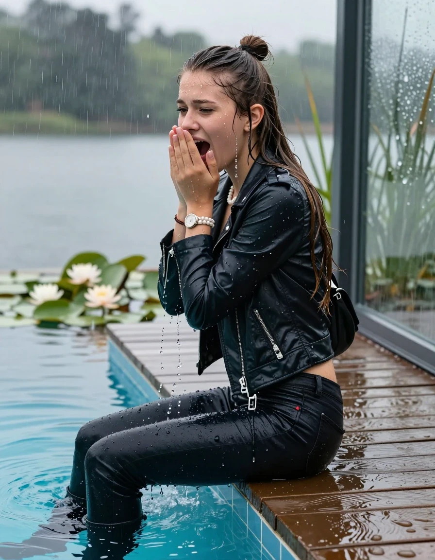 photo of young woman, in soaking wet, drenched clothes,
boots, Tight dark Levis skinny jeans, biker leatherjacket, crop top, shoulderbag, pearl necklace, bracelet, wristwatch, jetty by the lake with water lilies and reeds, 
enjoying, wet clothes stuck to body,
detailed textures of the wet clothes, wet face, wet plastered hair,
wet, drenched, professional, high-quality details, full body view.
sharp focus, ultra-high pixel detail, realistic, high-quality, full colors, incredibly detailed, 4k, 8k, 16k, hyper-realistic, RAW photo, masterpiece, ultra-detailed, professionally color graded, professional photograph, A realistic vertical fashion photograph taken from a backward, behind-the-back angle of a Young horny 12-year-old teengirl sitting, leaning forward and let her falling in a glass-walled outdoor swimming pool, facing up to the camera to show her back. 

She is tilting her head at camera, letting the water drench her hair so it is glued flat against her head and body. 
She has  brunette Sleek Long straight hair with a topknot, completely saturated and dripping wet hair, with water cascading down her face and neck. Fearful and astonished expression. Hold her hands over her mouth. Half Closed eyes. Moaning. Slightly yawning.

The lighting is bright and cinematic, highlighting the glistening water droplets and the saturated texture of her  casual clothes. Outside the large glass wall of the pool building, heavy rain is visible falling against the window. Soft, moody indoor lighting with reflections on the water. High-quality fashion photography style.
her clothing is soaking wet and clinging tightly to her skin, showing heavy wet  darkened fabric texture, her clothes are heavy from the water, water runs from her body and her clothes in streams. A lot of water also runs out of her clothes. Her clothes are darkened by the water. 
hyper-realistic wetness, high-contrast water sheen, sharp focus, 16k resolution, professional photography, realistic water physics., wet skin, wet clothes, damp fabric., wet skin, wet clothes, damp fabric, wet skin, wet clothes, damp fabric, wet skin, wet clothes, damp fabric, wet skin, wet clothes, damp fabric, wet skin, wet clothes, damp fabric, wet skin, wet clothes, damp fabric, wet skin, wet clothes, damp fabric, wet skin, wet clothes, damp fabric, wet skin, wet clothes, damp fabric, wet skin, wet clothes, damp fabric, wet skin, wet clothes, damp fabric, wet skin, wet clothes, damp fabric