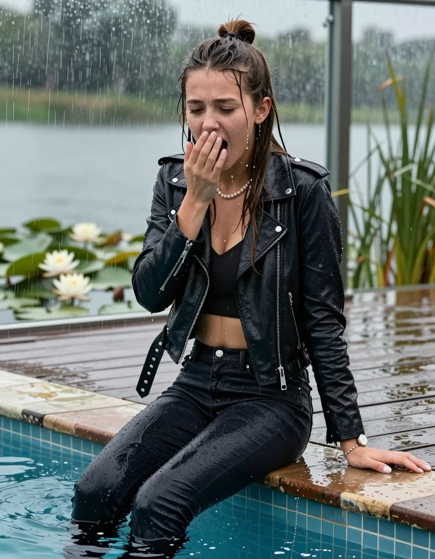 photo of young woman, in soaking wet, drenched clothes,
boots, Tight dark Levis skinny jeans, biker leatherjacket, crop top, shoulderbag, pearl necklace, bracelet, wristwatch, jetty by the lake with water lilies and reeds, 
enjoying, wet clothes stuck to body,
detailed textures of the wet clothes, wet face, wet plastered hair,
wet, drenched, professional, high-quality details, full body view.
sharp focus, ultra-high pixel detail, realistic, high-quality, full colors, incredibly detailed, 4k, 8k, 16k, hyper-realistic, RAW photo, masterpiece, ultra-detailed, professionally color graded, professional photograph, A realistic vertical fashion photograph taken from a backward, behind-the-back angle of a Young horny 12-year-old teengirl sitting, leaning forward and let her falling in a glass-walled outdoor swimming pool, facing up to the camera to show her back. 

She is tilting her head at camera, letting the water drench her hair so it is glued flat against her head and body. 
She has  brunette Sleek Long straight hair with a topknot, completely saturated and dripping wet hair, with water cascading down her face and neck. Fearful and astonished expression. Hold her hands over her mouth. Half Closed eyes. Moaning. Slightly yawning.

The lighting is bright and cinematic, highlighting the glistening water droplets and the saturated texture of her  casual clothes. Outside the large glass wall of the pool building, heavy rain is visible falling against the window. Soft, moody indoor lighting with reflections on the water. High-quality fashion photography style.
her clothing is soaking wet and clinging tightly to her skin, showing heavy wet  darkened fabric texture, her clothes are heavy from the water, water runs from her body and her clothes in streams. A lot of water also runs out of her clothes. Her clothes are darkened by the water. 
hyper-realistic wetness, high-contrast water sheen, sharp focus, 16k resolution, professional photography, realistic water physics., wet skin, wet clothes, damp fabric., wet skin, wet clothes, damp fabric, wet skin, wet clothes, damp fabric, wet skin, wet clothes, damp fabric, wet skin, wet clothes, damp fabric, wet skin, wet clothes, damp fabric, wet skin, wet clothes, damp fabric, wet skin, wet clothes, damp fabric, wet skin, wet clothes, damp fabric, wet skin, wet clothes, damp fabric, wet skin, wet clothes, damp fabric, wet skin, wet clothes, damp fabric, wet skin, wet clothes, damp fabric