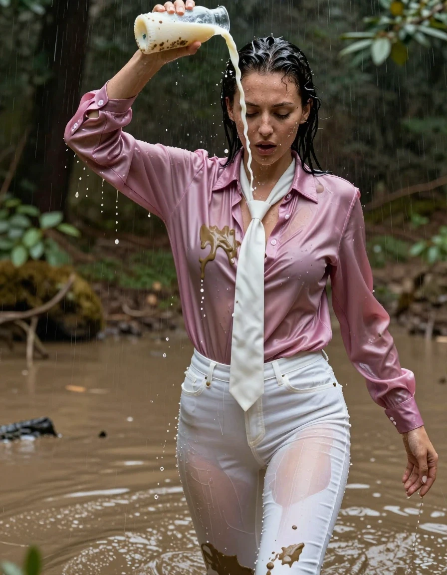photo of young woman, in soaking wet, drenched clothes,
, white long jeans, dripping wet, shiny, transparent, see-through, tranparent, oversized long light magenta satin silk blouse, buttoned-up, long sleeves, white tie, no bra, shower, running in a hip-deep muddy puddle in the muddy water in the woods, pouring a bottle of muddy water over her head, 
enjoying, wet clothes stuck to body,
detailed textures of the wet clothes, wet face, wet plastered hair,
wet, drenched, professional, high-quality details, full body view.
sharp focus, ultra-high pixel detail, realistic, high-quality, full colors, incredibly detailed, 4k, 8k, 16k, hyper-realistic, RAW photo, masterpiece, ultra-detailed, professionally color graded, professional photograph, pouring milk on her breasts, muddy clothes, heavy rain, completely soaked, drenched, dripping wet, wet skin, mud, wet clothes, damp fabric, wet skin, wet clothes, damp fabric, wet skin, wet clothes, damp, wet skin, wet clothes, wet skin, wet clothes, damp fabric