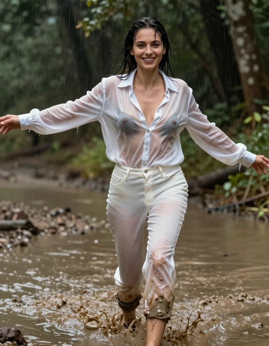 photo of young woman, in soaking wet, drenched clothes,
, white long oversized silk jeans, dripping wet, shiny, transparent, tranparent, see-through, oversized silk satin long white blouse,collar-up, complete buttoned-up, long sleeves, completely soaked, translucent, clinging to her body and clearly revealing her breasts and nipples underneath, with no bra worn, arms stretched out to the side, running in a hip-deep muddy puddle in the muddy water in the woods, 
enjoying, wet clothes stuck to body,
detailed textures of the wet clothes, wet face, wet plastered hair,
wet, drenched, professional, high-quality details, full body view.
sharp focus, ultra-high pixel detail, realistic, high-quality, full colors, incredibly detailed, 4k, 8k, 16k, hyper-realistic, RAW photo, masterpiece, ultra-detailed, professionally color graded, professional photograph, smiling, looking to the camera, muddy clothes, heavy rain, completely soaked, drenched, dripping wet, wet skin, wet clothes, damp fabric, wet skin, damp fabric, wet clothes, wet skin, wet clothes, damp fabric