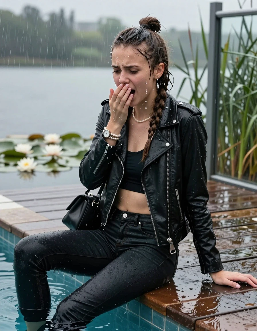 photo of young woman, in soaking wet, drenched clothes,
boots, Tight dark Levis skinny jeans, biker leatherjacket, crop top, shoulderbag, pearl necklace, bracelet, wristwatch, jetty by the lake with water lilies and reeds, 
enjoying, wet clothes stuck to body,
detailed textures of the wet clothes, wet face, wet plastered hair,
wet, drenched, professional, high-quality details, full body view.
sharp focus, ultra-high pixel detail, realistic, high-quality, full colors, incredibly detailed, 4k, 8k, 16k, hyper-realistic, RAW photo, masterpiece, ultra-detailed, professionally color graded, professional photograph, A realistic vertical fashion photograph taken from a backward, behind-the-back angle of a Young horny 12-year-old teengirl sitting, leaning forward and let her falling in a glass-walled outdoor swimming pool, facing up to the camera to show her back. 

She is tilting her head at camera, letting the water drench her hair so it is glued flat against her head and body. 
She has  brunette Sleek Long braided hair with a topknot, completely saturated and dripping wet hair, with water cascading down her face and neck. Worried and astonished expression. She is a Little Bit fearful. Hold her hands over her mouth. Half Closed eyes. Moaning, slight smile.

The lighting is bright and cinematic, highlighting the glistening water droplets and the saturated texture of her  casual clothes. Outside the large glass wall of the pool building, heavy rain is visible falling against the window. Soft, moody indoor lighting with reflections on the water. High-quality fashion photography style.
her clothing is soaking wet and clinging tightly to her skin, showing heavy wet  darkened fabric texture, her clothes are heavy from the water, water runs from her body and her clothes in streams. A lot of water also runs out of her clothes. Her clothes are darkened by the water. 
hyper-realistic wetness, high-contrast water sheen, sharp focus, 16k resolution, professional photography, realistic water physics., wet skin, wet clothes, damp fabric., wet skin, wet clothes, damp fabric, wet skin, wet clothes, damp fabric, wet skin, wet clothes, damp fabric, wet skin, wet clothes, damp fabric, wet skin, wet clothes, damp fabric, wet skin, wet clothes, damp fabric, wet skin, wet clothes, damp fabric, wet skin, wet clothes, damp fabric, wet skin, wet clothes, damp fabric, wet skin, wet clothes, damp fabric