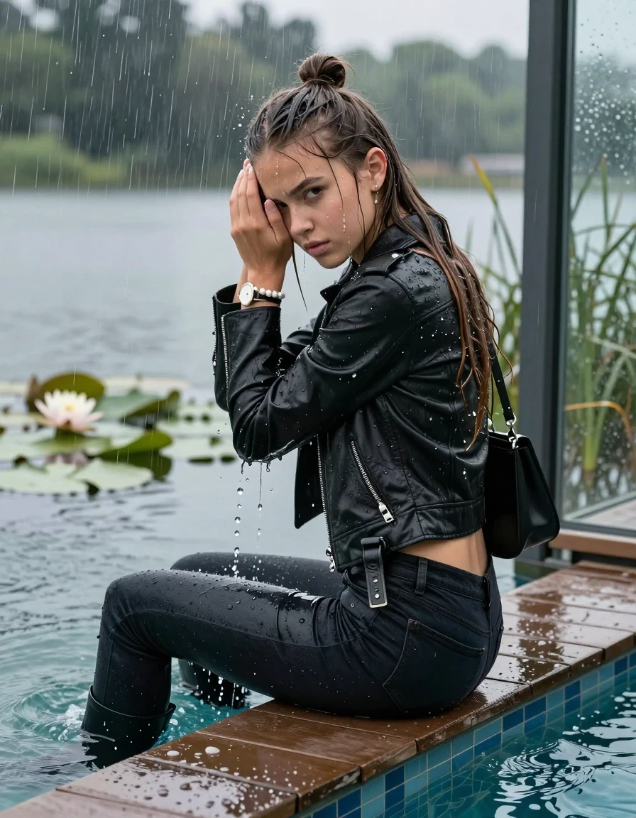 photo of young woman, in soaking wet, drenched clothes,
boots, Tight dark Levis skinny jeans, biker leatherjacket, crop top, shoulderbag, pearl necklace, bracelet, wristwatch, jetty by the lake with water lilies and reeds, 
enjoying, wet clothes stuck to body,
detailed textures of the wet clothes, wet face, wet plastered hair,
wet, drenched, professional, high-quality details, full body view.
sharp focus, ultra-high pixel detail, realistic, high-quality, full colors, incredibly detailed, 4k, 8k, 16k, hyper-realistic, RAW photo, masterpiece, ultra-detailed, professionally color graded, professional photograph, A realistic vertical fashion photograph taken from a backward, behind-the-back angle of a Young horny 12-year-old teengirl sitting, leaning forward and let her falling in a glass-walled outdoor swimming pool, facing down to the camera to show her back. 

She is tilting her head at camera, letting the water drench her hair so it is glued flat against her head and body. 
She has  brunette Sleek Long straight hair with a topknot, completely saturated and dripping wet hair, with water cascading down her face and neck. Frustrated expression. Hold her hands over her face. Big eyes.

The lighting is bright and cinematic, highlighting the glistening water droplets and the saturated texture of her  casual clothes. Outside the large glass wall of the pool building, heavy rain is visible falling against the window. Soft, moody indoor lighting with reflections on the water. High-quality fashion photography style.
her clothing is soaking wet and clinging tightly to her skin, showing heavy wet  darkened fabric texture, her clothes are heavy from the water, water runs from her body and her clothes in streams. A lot of water also runs out of her clothes. Her clothes are darkened by the water. 
hyper-realistic wetness, high-contrast water sheen, sharp focus, 16k resolution, professional photography, realistic water physics., wet skin, wet clothes, damp fabric., wet skin, wet clothes., wet skin, wet clothes, damp fabric