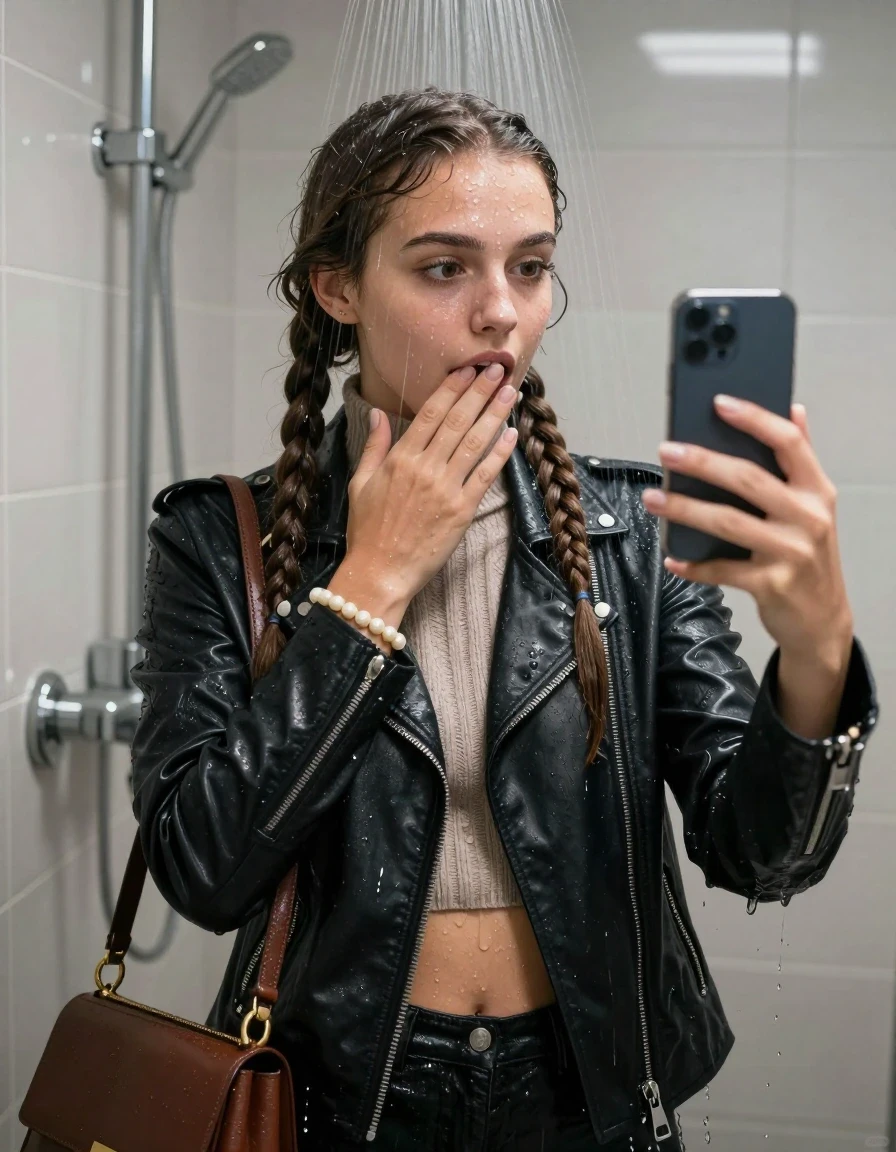 photo of young woman, in soaking wet, drenched clothes,
, , Biker leatherjacket, knit turtleneck sweater belly free, handbag, pearl necklace, bracelet, wristwatch, Under the shower, strong jet of water, in modern bathroom, 
enjoying, wet clothes stuck to body,
detailed textures of the wet clothes, wet face, wet plastered hair,
wet, drenched, professional, high-quality details, full body view.
sharp focus, ultra-high pixel detail, realistic, high-quality, full colors, incredibly detailed, 4k, 8k, 16k, hyper-realistic, RAW photo, masterpiece, ultra-detailed, professionally color graded, professional photograph, 15 years old  school girl and her friends. Completely soaked to the Skin.

Two long braids. 
Open mouth, big eyes. Looking down. One Hand over her mouth. Take a Selfie with her Smartphone.

The girls wear different clothes.

she is completely underwater up to her neck, surprised and astonished expression. 

her clothing is soaking wet and clinging tightly to her skin, showing heavy wet folds, darkened fabric texture, and deep water-saturated Patches, her clothes are heavy from the water, water runs from her body and her clothes in streams. A lot of water also runs out of her clothes. Her clothes are darkened by the water. Her submerged clothes are good visible under the water.  she soaked her handbag into the water.

close up view, wet skin, wet clothes, wet hair, damp fabric, water runs down the clothes, wet skin, wet clothes, damp fabric. cinematic medium shot, hyper-realistic wetness, high-contrast water sheen, sharp focus, 16k resolution, professional photography, realistic water physics., wet skin, wet clothes, damp fabric, wet skin, wet clothes, damp fabric, wet skin, wet clothes, damp fabric, wet skin, wet clothes, damp fabric, wet skin, wet clothes, damp fabric, wet skin, wet clothes, damp fabric, wet skin, wet clothes, damp fabric, wet skin, wet clothes, damp fabric, wet skin, wet clothes, damp fabric, wet skin, wet clothes, damp fabric