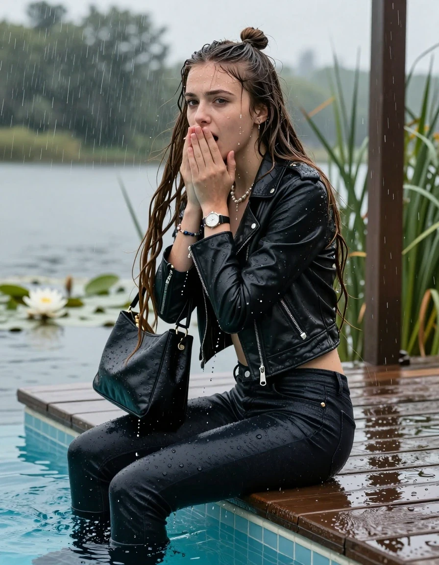 photo of young woman, in soaking wet, drenched clothes,
boots, Tight dark Levis skinny jeans, biker leatherjacket, crop top, shoulderbag, pearl necklace, bracelet, wristwatch, jetty by the lake with water lilies and reeds, 
enjoying, wet clothes stuck to body,
detailed textures of the wet clothes, wet face, wet plastered hair,
wet, drenched, professional, high-quality details, full body view.
sharp focus, ultra-high pixel detail, realistic, high-quality, full colors, incredibly detailed, 4k, 8k, 16k, hyper-realistic, RAW photo, masterpiece, ultra-detailed, professionally color graded, professional photograph, A realistic vertical fashion photograph taken from a backward, behind-the-back angle of a Young horny 12-year-old teengirl sitting, leaning forward and let her falling in a glass-walled outdoor swimming pool, facing up to the camera to show her back. 

She is tilting her head at camera, letting the water drench her hair so it is glued flat against her head and body. 
She has  brunette Sleek Long straight hair with a topknot, completely saturated and dripping wet hair, with water cascading down her face and neck. Fearful and astonished expression. Hold her hands over her mouth. Half Closed eyes.

The lighting is bright and cinematic, highlighting the glistening water droplets and the saturated texture of her  casual clothes. Outside the large glass wall of the pool building, heavy rain is visible falling against the window. Soft, moody indoor lighting with reflections on the water. High-quality fashion photography style.
her clothing is soaking wet and clinging tightly to her skin, showing heavy wet  darkened fabric texture, her clothes are heavy from the water, water runs from her body and her clothes in streams. A lot of water also runs out of her clothes. Her clothes are darkened by the water. 
hyper-realistic wetness, high-contrast water sheen, sharp focus, 16k resolution, professional photography, realistic water physics., wet skin, wet clothes, damp fabric., wet skin, wet clothes, damp fabric, wet skin, wet clothes, damp fabric, wet skin, wet clothes, damp fabric, wet skin, wet clothes, damp fabric, wet skin, wet clothes, damp fabric, wet skin, wet clothes, damp fabric, wet skin, wet clothes, damp fabric, wet skin, wet clothes, damp fabric, wet skin, wet clothes, damp fabric, wet skin, wet clothes, damp fabric, wet skin, wet clothes, damp fabric, wet skin, wet clothes, damp fabric
