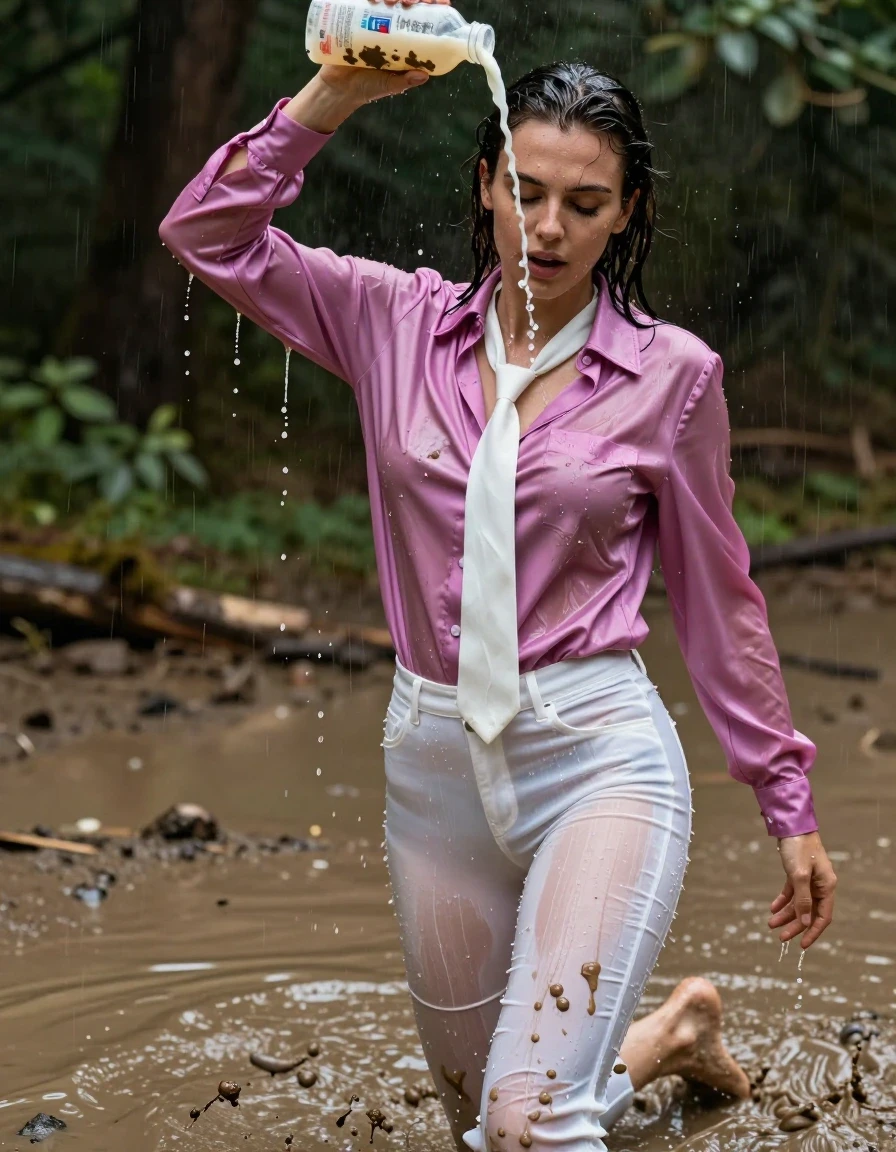 photo of young woman, in soaking wet, drenched clothes,
, white long silk jeans, dripping wet, shiny, transparent, see-through, tranparent, oversized long light magenta satin silk blouse, buttoned-up, long sleeves, white tie, no bra, shower, running in a hip-deep muddy puddle in the muddy water in the woods, pouring a bottle of muddy water over her head, 
enjoying, wet clothes stuck to body,
detailed textures of the wet clothes, wet face, wet plastered hair,
wet, drenched, professional, high-quality details, full body view.
sharp focus, ultra-high pixel detail, realistic, high-quality, full colors, incredibly detailed, 4k, 8k, 16k, hyper-realistic, RAW photo, masterpiece, ultra-detailed, professionally color graded, professional photograph, pouring milk on her breasts, muddy clothes, heavy rain, completely soaked, drenched, dripping wet, wet skin, mud, wet clothes, damp fabric, wet skin, wet clothes, damp fabric, wet skin, wet clothes, damp, wet skin, wet clothes, wet skin, wet clothes, damp fabric