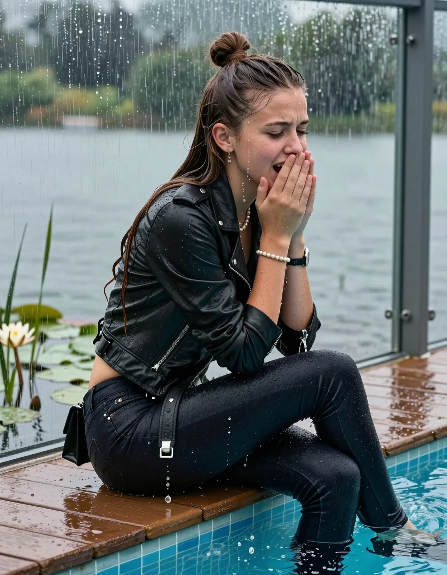 photo of young woman, in soaking wet, drenched clothes,
Tight high boots, Tight dark Levis skinny jeans, biker leatherjacket, crop top, shoulderbag, pearl necklace, bracelet, wristwatch, jetty by the lake with water lilies and reeds, 
enjoying, wet clothes stuck to body,
detailed textures of the wet clothes, wet face, wet plastered hair,
wet, drenched, professional, high-quality details, full body view.
sharp focus, ultra-high pixel detail, realistic, high-quality, full colors, incredibly detailed, 4k, 8k, 16k, hyper-realistic, RAW photo, masterpiece, ultra-detailed, professionally color graded, professional photograph, A realistic vertical fashion photograph taken from a backward, behind-the-back angle of a Young horny 12-year-old teengirl sitting, leaning forward and let her falling in a glass-walled outdoor swimming pool, facing up to the camera to show her back. 

She is tilting her head at camera, letting the water drench her hair so it is glued flat against her head and body. 
She has  brunette Sleek Long straight hair with a topknot, completely saturated and dripping wet hair, with water cascading down her face and neck. Worried and astonished expression. She is a Little Bit fearful. Hold her hands over her mouth. Half Closed eyes. Moaning, slight smile.

The lighting is bright and cinematic, highlighting the glistening water droplets and the saturated texture of her  casual clothes. Outside the large glass wall of the pool building, heavy rain is visible falling against the window. Soft, moody indoor lighting with reflections on the water. High-quality fashion photography style.
her clothing is soaking wet and clinging tightly to her skin, showing heavy wet  darkened fabric texture, her clothes are heavy from the water, water runs from her body and her clothes in streams. A lot of water also runs out of her clothes. Her clothes are darkened by the water. 
hyper-realistic wetness, high-contrast water sheen, sharp focus, 16k resolution, professional photography, realistic water physics., wet skin, wet clothes, damp fabric., wet skin, wet clothes, damp fabric, wet skin, wet clothes, damp fabric, wet skin, wet clothes, damp fabric, wet skin, wet clothes, damp fabric, wet skin, wet clothes, damp fabric, wet skin, wet clothes, damp fabric, wet skin, wet clothes, damp fabric, wet skin, wet clothes, damp fabric, wet skin, wet clothes, damp fabric, wet skin, wet clothes, damp fabric