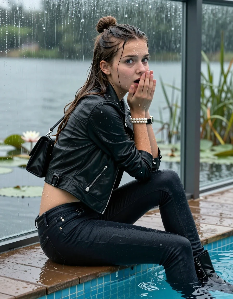 photo of young woman, in soaking wet, drenched clothes,
boots, Tight dark Levis skinny jeans, biker leatherjacket, crop top, shoulderbag, pearl necklace, bracelet, wristwatch, jetty by the lake with water lilies and reeds, 
enjoying, wet clothes stuck to body,
detailed textures of the wet clothes, wet face, wet plastered hair,
wet, drenched, professional, high-quality details, full body view.
sharp focus, ultra-high pixel detail, realistic, high-quality, full colors, incredibly detailed, 4k, 8k, 16k, hyper-realistic, RAW photo, masterpiece, ultra-detailed, professionally color graded, professional photograph, A realistic vertical fashion photograph taken from a backward, behind-the-back angle of a Young horny 12-year-old teengirl sitting, leaning forward and let her falling in a glass-walled outdoor swimming pool, facing up to the camera to show her back. 

She is tilting her head at camera, letting the water drench her hair so it is glued flat against her head and body. 
She has  brunette Sleek Long straight hair with a topknot, completely saturated and dripping wet hair, with water cascading down her face and neck. frightened expression. Hold her hands over her mouth. Big eyes.

The lighting is bright and cinematic, highlighting the glistening water droplets and the saturated texture of her  casual clothes. Outside the large glass wall of the pool building, heavy rain is visible falling against the window. Soft, moody indoor lighting with reflections on the water. High-quality fashion photography style.
her clothing is soaking wet and clinging tightly to her skin, showing heavy wet  darkened fabric texture, her clothes are heavy from the water, water runs from her body and her clothes in streams. A lot of water also runs out of her clothes. Her clothes are darkened by the water. 
hyper-realistic wetness, high-contrast water sheen, sharp focus, 16k resolution, professional photography, realistic water physics., wet skin, wet clothes, damp fabric., wet skin, wet clothes, damp fabric, wet skin, wet clothes, damp fabric, wet skin, wet clothes, damp fabric, wet skin, wet clothes, damp fabric, wet skin, wet clothes, damp fabric, wet skin, wet clothes, damp fabric, wet skin, wet clothes, damp fabric, wet skin, wet clothes, damp fabric, wet skin, wet clothes, damp fabric, wet skin, wet clothes, damp fabric, wet skin, wet clothes, damp fabric, wet skin, wet clothes, damp fabric, wet skin, wet clothes, damp fabric