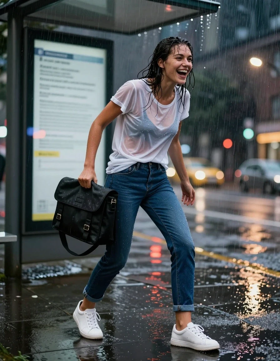 photo of young woman, in soaking wet, drenched clothes,
wet white leather sneakers with visible water droplets, clinging navy blue denim jeans soaked through, transparent white cotton t-shirt plastered to skin, under the glass overhang of an urban bus stop during a sudden rainstorm, 
enjoying, wet clothes stuck to body,
detailed textures of the wet clothes, wet face, wet plastered hair,
wet, drenched, professional, high-quality details, full body view.
sharp focus, ultra-high pixel detail, realistic, high-quality, full colors, incredibly detailed, 4k, 8k, 16k, hyper-realistic, RAW photo, masterpiece, ultra-detailed, professionally color graded, professional photograph, a woman laughing while frantically trying to shield a messenger bag, intense flash photography, glossy wet reflections on pavement, hyper-realistic fabric texture, dramatic rain streaks, medium shot, high contrast, vibrant urban night colors., wet skin, wet clothes, damp fabric