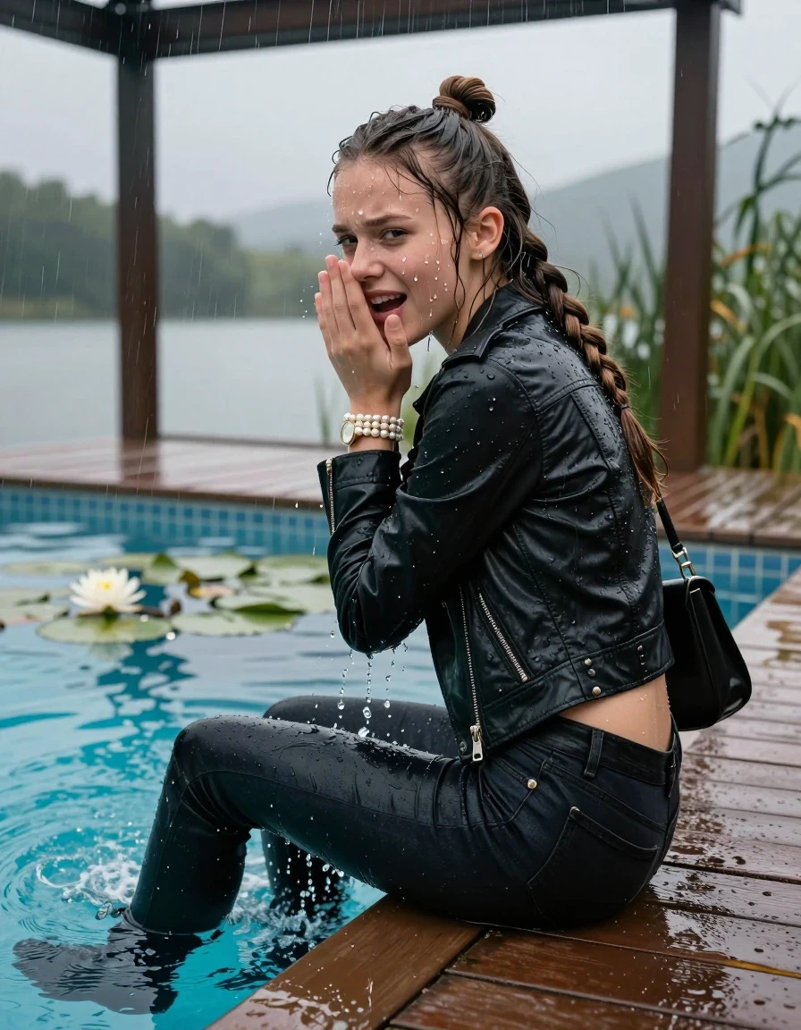photo of young woman, in soaking wet, drenched clothes,
boots, Tight dark Levis skinny jeans, biker leatherjacket, crop top, shoulderbag, pearl necklace, bracelet, wristwatch, jetty by the lake with water lilies and reeds, 
enjoying, wet clothes stuck to body,
detailed textures of the wet clothes, wet face, wet plastered hair,
wet, drenched, professional, high-quality details, full body view.
sharp focus, ultra-high pixel detail, realistic, high-quality, full colors, incredibly detailed, 4k, 8k, 16k, hyper-realistic, RAW photo, masterpiece, ultra-detailed, professionally color graded, professional photograph, A realistic vertical fashion photograph taken from a backward, behind-the-back angle of a Young horny 12-year-old teengirl sitting, leaning forward and let her falling in a glass-walled outdoor swimming pool, facing up to the camera to show her back. 

She is tilting her head at camera, letting the water drench her hair so it is glued flat against her head and body. 
She has  brunette Sleek Long braided hair with a topknot, completely saturated and dripping wet hair, with water cascading down her face and neck. Worried and astonished expression. She is a Little Bit fearful. Hold her hands over her mouth. Half Closed eyes. Moaning, slight smile.

The lighting is bright and cinematic, highlighting the glistening water droplets and the saturated texture of her  casual clothes. Outside the large glass wall of the pool building, heavy rain is visible falling against the window. Soft, moody indoor lighting with reflections on the water. High-quality fashion photography style.
her clothing is soaking wet and clinging tightly to her skin, showing heavy wet  darkened fabric texture, her clothes are heavy from the water, water runs from her body and her clothes in streams. A lot of water also runs out of her clothes. Her clothes are darkened by the water. 
hyper-realistic wetness, high-contrast water sheen, sharp focus, 16k resolution, professional photography, realistic water physics., wet skin, wet clothes, damp fabric., wet skin, wet clothes, damp fabric, wet skin, wet clothes, damp fabric, wet skin, wet clothes, damp fabric, wet skin, wet clothes, damp fabric, wet skin, wet clothes, damp fabric, wet skin, wet clothes, damp fabric, wet skin, wet clothes, damp fabric, wet skin, wet clothes, damp fabric, wet skin, wet clothes, damp fabric, wet skin, wet clothes, damp fabric