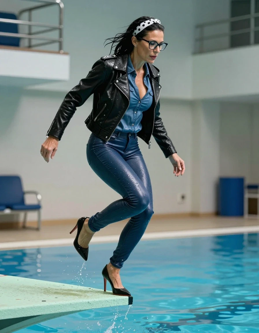 photo of young woman, in soaking wet, drenched clothes,
high-heeled shoes, long shiny blue leather jeans, long shiny blue denim shirt with long sleeves, black leathe byker jacket, jumping from the diving board into the water of the indoor pool, 
enjoying, wet clothes stuck to body,
detailed textures of the wet clothes, wet face, wet plastered hair,
wet, drenched, professional, high-quality details, full body view.
sharp focus, ultra-high pixel detail, realistic, high-quality, full colors, incredibly detailed, 4k, 8k, 16k, hyper-realistic, RAW photo, masterpiece, ultra-detailed, professionally color graded, professional photograph, european brunette skinny woman 50 years old, long dark black hair, white polka-dot headband, office glasses, very big and thick lips, complete body, wet skin, wet clothes, damp fabric, wet skin, wet clothes, damp fabric, wet skin, wet clothes, damp fabric, wet skin, wet clothes, damp fabric, wet skin, wet clothes, damp fabric, wet skin, wet clothes, damp fabric, wet skin, wet clothes, damp fabric