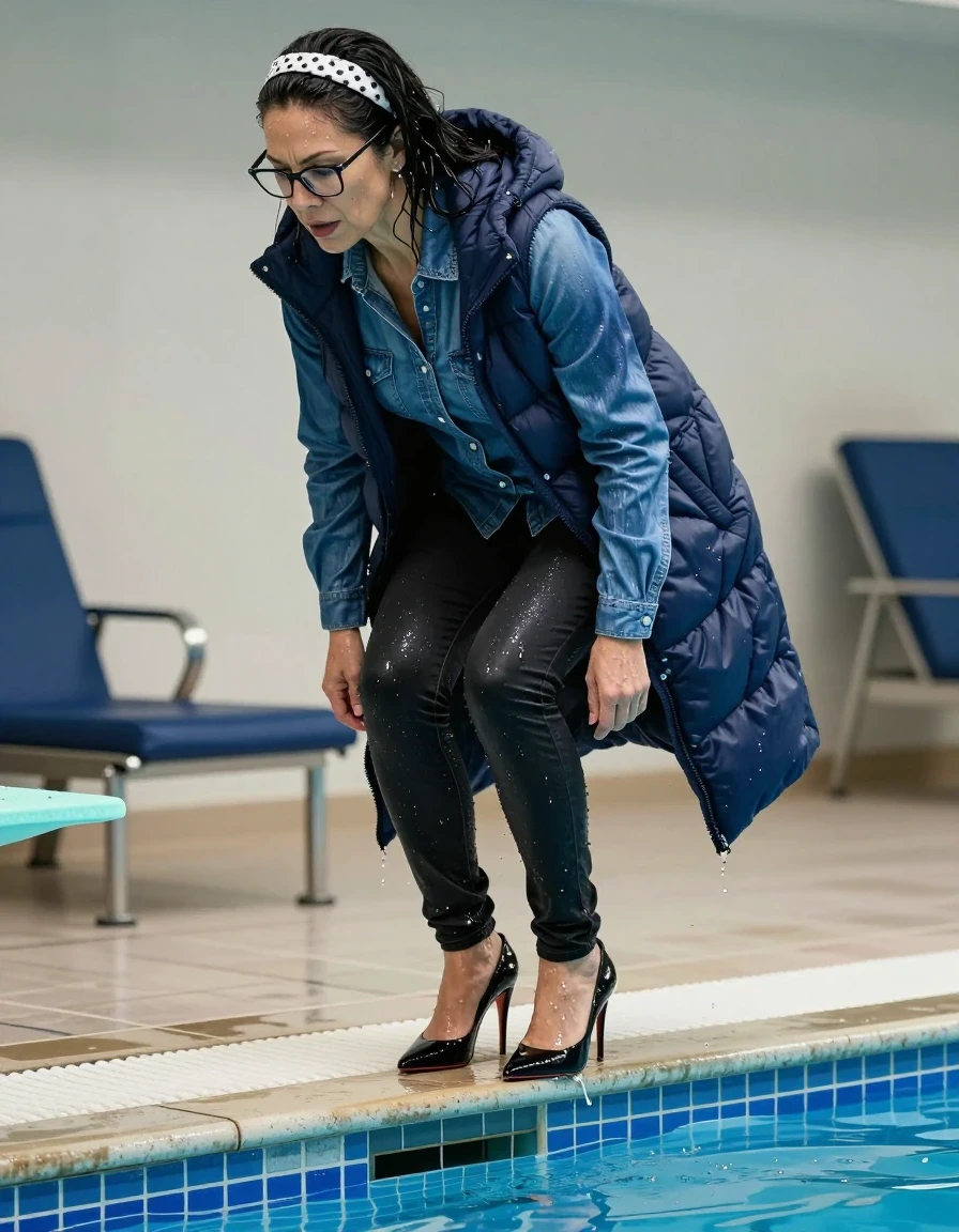photo of young woman, in soaking wet, drenched clothes,
high-heeled shoes, long shiny black jeans, long shiny blue denim shirt with long sleeves, maxi dark blue down jacket, on the banch after diving into the water of the indoor pool, 
enjoying, wet clothes stuck to body,
detailed textures of the wet clothes, wet face, wet plastered hair,
wet, drenched, professional, high-quality details, full body view.
sharp focus, ultra-high pixel detail, realistic, high-quality, full colors, incredibly detailed, 4k, 8k, 16k, hyper-realistic, RAW photo, masterpiece, ultra-detailed, professionally color graded, professional photograph, european brunette skinny woman 50 years old, long dark black hair, white polka-dot headband, office glasses, very big and thick lips, complete body, wet skin, wet clothes, damp fabric, wet skin, wet clothes, damp fabric, wet skin, wet clothes, damp fabric, wet skin, wet clothes, damp fabric, wet skin, wet clothes, damp fabric, wet skin, wet clothes, damp fabric, wet skin, wet clothes, damp fabric
