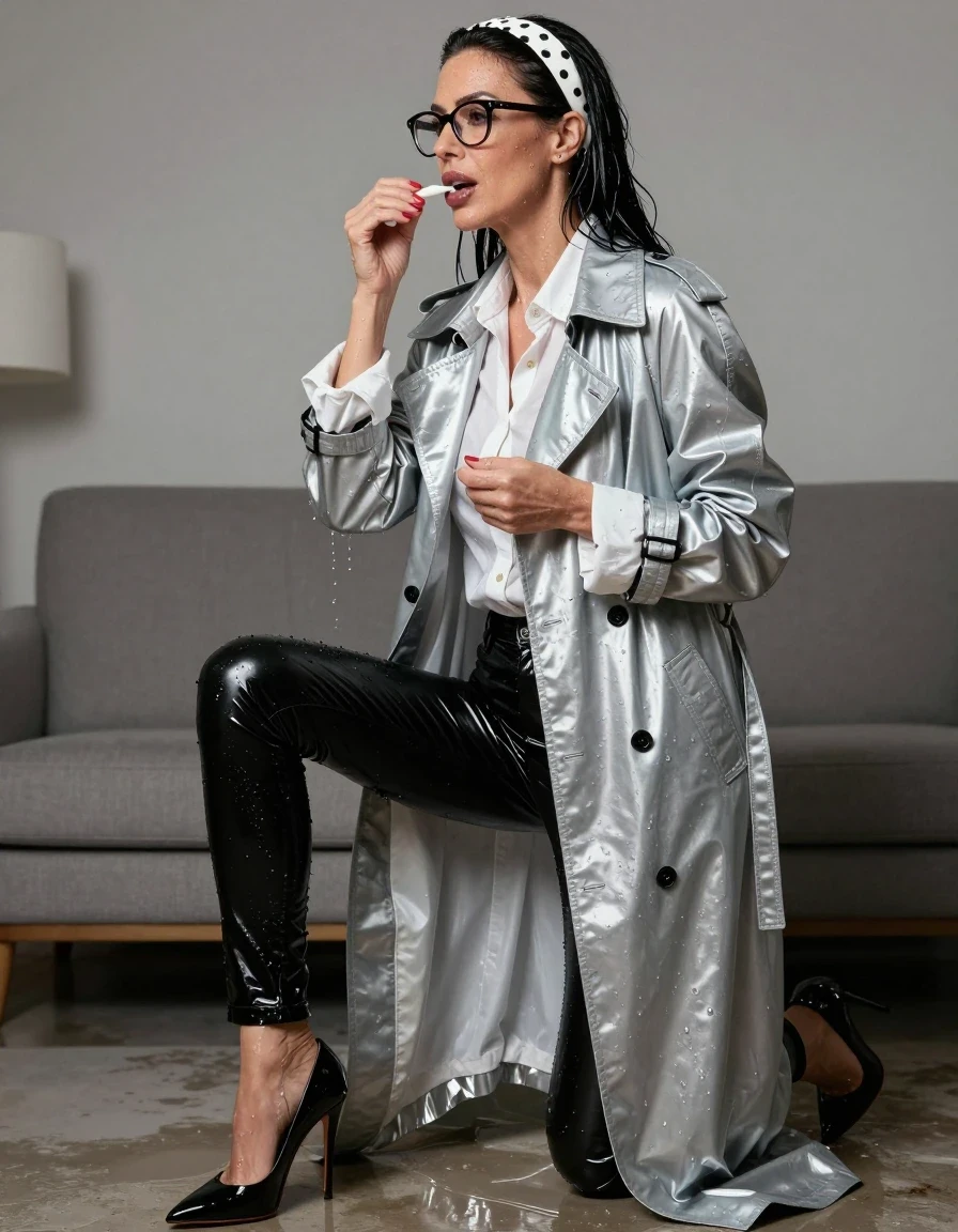 photo of young woman, in soaking wet, drenched clothes,
high-heeled shoes, long shiny black vinyl jeans, long shiny plastic white denim shirt, maxi silver vinyl trenchcoat, in his room, 
enjoying, wet clothes stuck to body,
detailed textures of the wet clothes, wet face, wet plastered hair,
wet, drenched, professional, high-quality details, full body view.
sharp focus, ultra-high pixel detail, realistic, high-quality, full colors, incredibly detailed, 4k, 8k, 16k, hyper-realistic, RAW photo, masterpiece, ultra-detailed, professionally color graded, professional photograph, european brunette skinny woman 50 years old, long dark black hair, white polka-dot headband, office glasses, very big and thick lips, complete body, wet skin, wet clothes, damp fabric, wet skin, wet clothes, damp fabric, wet skin, wet clothes, damp fabric, wet skin, wet clothes, damp fabric, wet skin, wet clothes, damp fabric, wet skin, wet clothes, damp fabric, wet skin, wet clothes, damp fabric