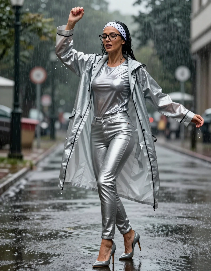 photo of young woman, in soaking wet, drenched clothes,
high-heeled shoes, long silver jeans, shiny silver t-shirt with long sleeves, maxi slilver rain jacket, dancing in the hard rain, 
enjoying, wet clothes stuck to body,
detailed textures of the wet clothes, wet face, wet plastered hair,
wet, drenched, professional, high-quality details, full body view.
sharp focus, ultra-high pixel detail, realistic, high-quality, full colors, incredibly detailed, 4k, 8k, 16k, hyper-realistic, RAW photo, masterpiece, ultra-detailed, professionally color graded, professional photograph, european brunette skinny woman 50 years old, long dark black hair, white polka-dot headband, office glasses, very big and thick lips, complete body, wet skin, wet clothes, damp fabric, wet skin, wet clothes, damp fabric, wet skin, wet clothes, damp fabric, wet skin, wet clothes, damp fabric, wet skin, wet clothes, damp fabric, wet skin, wet clothes, damp fabric, wet skin, wet clothes, damp fabric