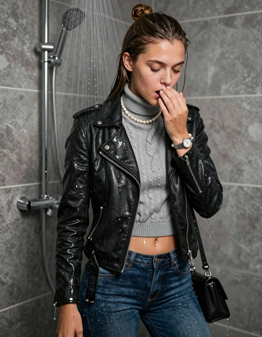 photo of young woman, in soaking wet, drenched clothes,
, Tight Levis skinny jeans, Biker leatherjacket, grey knit turtleneck sweater belly free, handbag, pearl necklace, bracelet, wristwatch, Under the shower, strong jet of water, in modern bathroom, 
enjoying, wet clothes stuck to body,
detailed textures of the wet clothes, wet face, wet plastered hair,
wet, drenched, professional, high-quality details, full body view.
sharp focus, ultra-high pixel detail, realistic, high-quality, full colors, incredibly detailed, 4k, 8k, 16k, hyper-realistic, RAW photo, masterpiece, ultra-detailed, professionally color graded, professional photograph, A realistic vertical fashion photograph of a Young horny 12-year-old teengirl and her friends. Completely soaked to the Skin.

Brunette Sleek long hair with a topknot. 
Open mouth, half closed eyes. Looking down. One Hold her hands over her mouth. 

The girls wear different clothes.

she is completely underwater up to her neck, astonished expression. 

her clothing is soaking wet and clinging tightly to her skin, showing heavy wet folds, darkened fabric texture, and deep water-saturated Patches, her clothes are heavy from the water, water runs from her body and her clothes in streams. A lot of water also runs out of her clothes. Her clothes are darkened by the water. Her submerged clothes are good visible under the water.  she soaked her handbag into the water.

close up view, wet skin, wet clothes, wet hair, damp fabric, water runs down the clothes, wet skin, wet clothes, damp fabric. cinematic medium shot, hyper-realistic wetness, high-contrast water sheen, sharp focus, 16k resolution, professional photography, realistic water physics., wet skin, wet clothes, damp fabric, wet skin, wet clothes, damp fabric, wet skin, wet clothes, damp fabric, wet skin, wet clothes, damp fabric, wet skin, wet clothes, damp fabric, wet skin, wet clothes, damp fabric, wet skin, wet clothes, damp fabric, wet skin, wet clothes, damp fabric, wet skin, wet clothes, damp fabric, wet skin, wet clothes, damp fabric