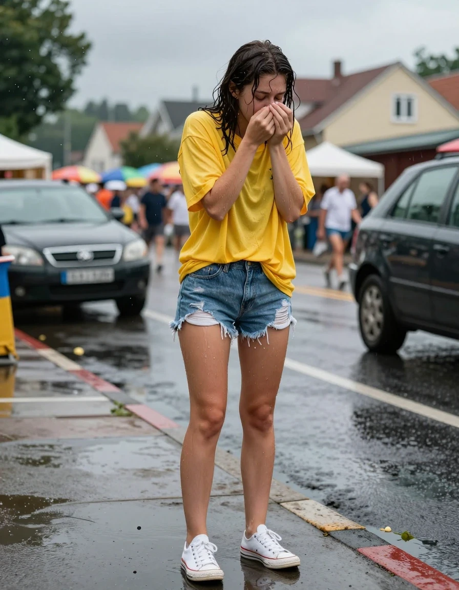 photo of young woman, in soaking wet, drenched clothes,
white canvas sneakers soaked in street puddles, distressed light wash denim shorts completely darkened by rain, oversized bright yellow cotton graphic t-shirt clinging to skin, suburban street corner during a summer festival, 
enjoying, wet clothes stuck to body,
detailed textures of the wet clothes, wet face, wet plastered hair,
wet, drenched, professional, high-quality details, full body view.
sharp focus, ultra-high pixel detail, realistic, high-quality, full colors, incredibly detailed, 4k, 8k, 16k, hyper-realistic, RAW photo, masterpiece, ultra-detailed, professionally color graded, professional photograph, woman caught in the moment of wiping rain off her face after being splashed by a passing car, fabric sticking to skin, water droplets visible on hair and clothing, realistic street photography, sharp focus, 35mm lens, eye-level medium shot, rich natural sunlight through storm clouds, high resolution., wet skin, wet clothes, damp fabric