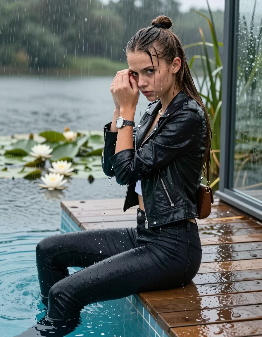 photo of young woman, in soaking wet, drenched clothes,
boots, Tight dark Levis skinny jeans, biker leatherjacket, crop top, shoulderbag, pearl necklace, bracelet, wristwatch, jetty by the lake with water lilies and reeds, 
enjoying, wet clothes stuck to body,
detailed textures of the wet clothes, wet face, wet plastered hair,
wet, drenched, professional, high-quality details, full body view.
sharp focus, ultra-high pixel detail, realistic, high-quality, full colors, incredibly detailed, 4k, 8k, 16k, hyper-realistic, RAW photo, masterpiece, ultra-detailed, professionally color graded, professional photograph, A realistic vertical fashion photograph taken from a backward, behind-the-back angle of a Young horny 12-year-old teengirl sitting, leaning forward and let her falling in a glass-walled outdoor swimming pool, facing down to the camera to show her back. 

She is tilting her head at camera, letting the water drench her hair so it is glued flat against her head and body. 
She has  brunette Sleek Long straight hair with a topknot, completely saturated and dripping wet hair, with water cascading down her face and neck. Frustrated expression. Hold her hands over her face. Big eyes.

The lighting is bright and cinematic, highlighting the glistening water droplets and the saturated texture of her  casual clothes. Outside the large glass wall of the pool building, heavy rain is visible falling against the window. Soft, moody indoor lighting with reflections on the water. High-quality fashion photography style.
her clothing is soaking wet and clinging tightly to her skin, showing heavy wet  darkened fabric texture, her clothes are heavy from the water, water runs from her body and her clothes in streams. A lot of water also runs out of her clothes. Her clothes are darkened by the water. 
hyper-realistic wetness, high-contrast water sheen, sharp focus, 16k resolution, professional photography, realistic water physics., wet skin, wet clothes, damp fabric., wet skin, wet clothes., wet skin, wet clothes, damp fabric