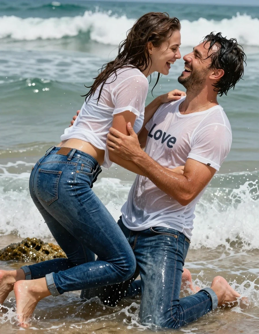 Photorealistic shot of a young European woman and a man kneeling in shallow water at a tropical beach on a small rocky outcrop, both laughing at each other after being knocked over by a wave, intimate embrace, soaking wet skin, dripping wet hair, water droplets everywhere. The woman is barefoot, wearing very tight blue hip-jeans with a black thong visible above the waistband, and a tight white wet t-shirt with 'Love' printed on the front. Her jeans are soaking-wet blue denim, water-saturated heavyweight denim, blue changed to deep navy and indigo, substantially darker unevenly soaked patches, absorbed water, heavy wet folds, visible weave and stitching, and strong glossy specular reflections on the raised weave, seams, and creases. The white t-shirt is translucent and clings to her body, completely soaked and heavy with water. The man is also drenched, with wet clothes clinging to his frame. The scene is captured with natural sunlight, shimmering water reflections, high-speed photography, sharp focus on expressions and wet textures, 8k resolution, cinematic lighting, hyper-detailed skin pores and water droplets.