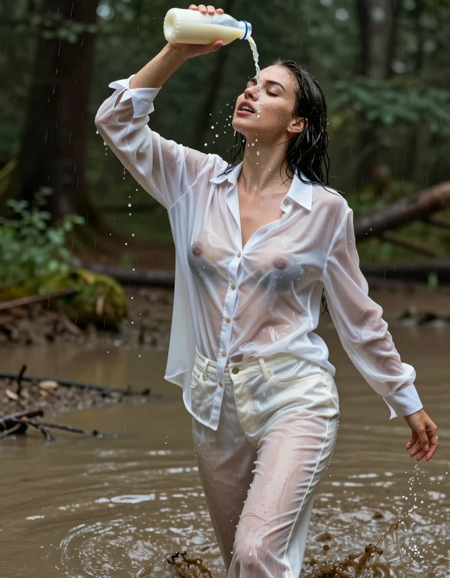photo of young woman, in soaking wet, drenched clothes,
, white long oversized silk jeans, dripping wet, shiny, transparent, tranparent, see-through, oversized silk satin long white blouse,collar-up, complete buttoned-up, long sleeves, completely soaked, translucent, clinging to her body and clearly revealing her breasts and nipples underneath, with no bra worn, running in a hip-deep muddy puddle in the muddy water in the woods, pouring a bottle of milk over her head, 
enjoying, wet clothes stuck to body,
detailed textures of the wet clothes, wet face, wet plastered hair,
wet, drenched, professional, high-quality details, full body view.
sharp focus, ultra-high pixel detail, realistic, high-quality, full colors, incredibly detailed, 4k, 8k, 16k, hyper-realistic, RAW photo, masterpiece, ultra-detailed, professionally color graded, professional photograph, muddy clothes, heavy rain, completely soaked, drenched, dripping wet, wet skin, wet clothes, damp fabric, wet skin, damp fabric, wet skin, wet clothes, damp, wet skin, wet clothes, wet skin, wet clothes, damp fabric