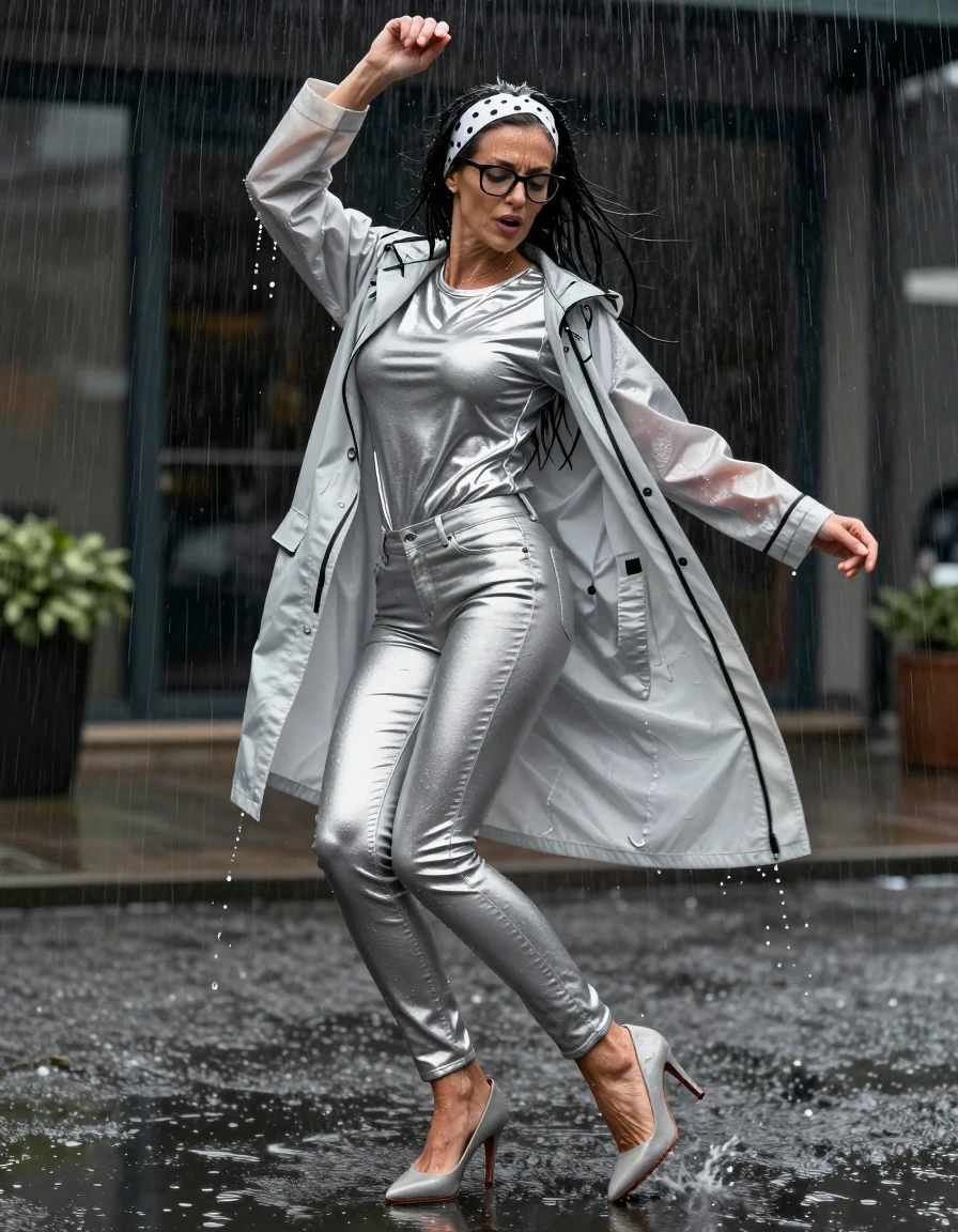 photo of young woman, in soaking wet, drenched clothes,
high-heeled shoes, long silver jeans, shiny silver t-shirt with long sleeves, maxi slilver rain jacket, dancing in the hard rain, 
enjoying, wet clothes stuck to body,
detailed textures of the wet clothes, wet face, wet plastered hair,
wet, drenched, professional, high-quality details, full body view.
sharp focus, ultra-high pixel detail, realistic, high-quality, full colors, incredibly detailed, 4k, 8k, 16k, hyper-realistic, RAW photo, masterpiece, ultra-detailed, professionally color graded, professional photograph, european brunette skinny woman 50 years old, long dark black hair, white polka-dot headband, office glasses, very big and thick lips, complete body, wet skin, wet clothes, damp fabric, wet skin, wet clothes, damp fabric, wet skin, wet clothes, damp fabric, wet skin, wet clothes, damp fabric, wet skin, wet clothes, damp fabric, wet skin, wet clothes, damp fabric, wet skin, wet clothes, damp fabric
