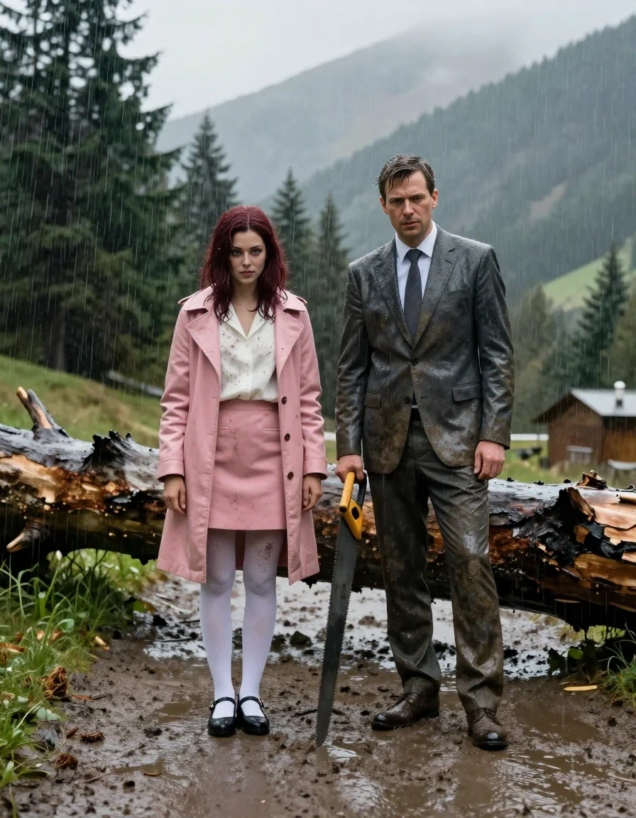 A realistic vertical fashion photograph of a young married couple in the mountains during a heavy downpour. On the left, a 25-year-old woman with shoulder-length dark auburn hair is wearing a wet, mud-splashed white blouse, a pink coat, a pink skirt, and white nylons, standing on the muddy road. On the right, an adult man is wearing a wet, muddy formal suit and tie, holding a saw. They are standing next to a large fallen tree blocking the road. The woman has a determined, playful expression. The scene is set in a mountain forest with tall trees, moody natural lighting, and heavy, pouring rain. The ground is deeply muddy and wet. The camera is at eye level, capturing a medium shot of both people.